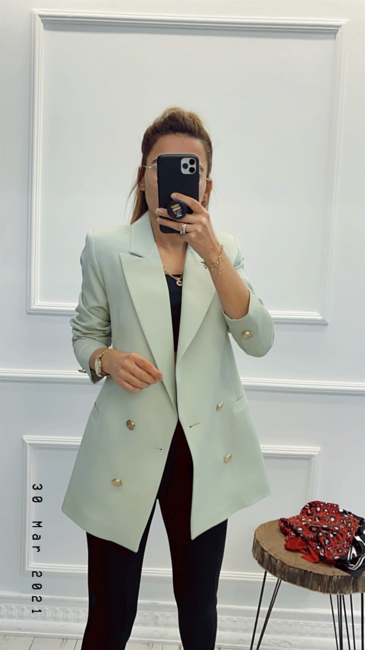 Kruvaze Kapamalı Mint Ceket