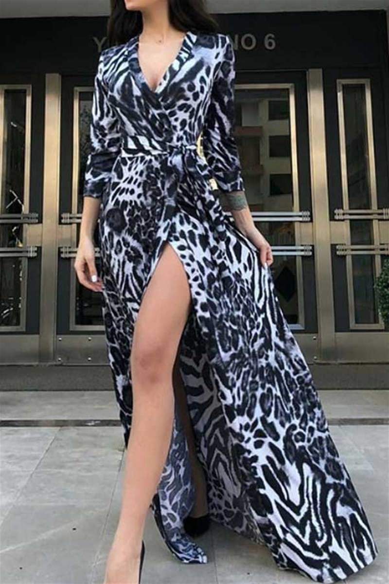 Kruvaze Siyah Leopar Desen Elbise