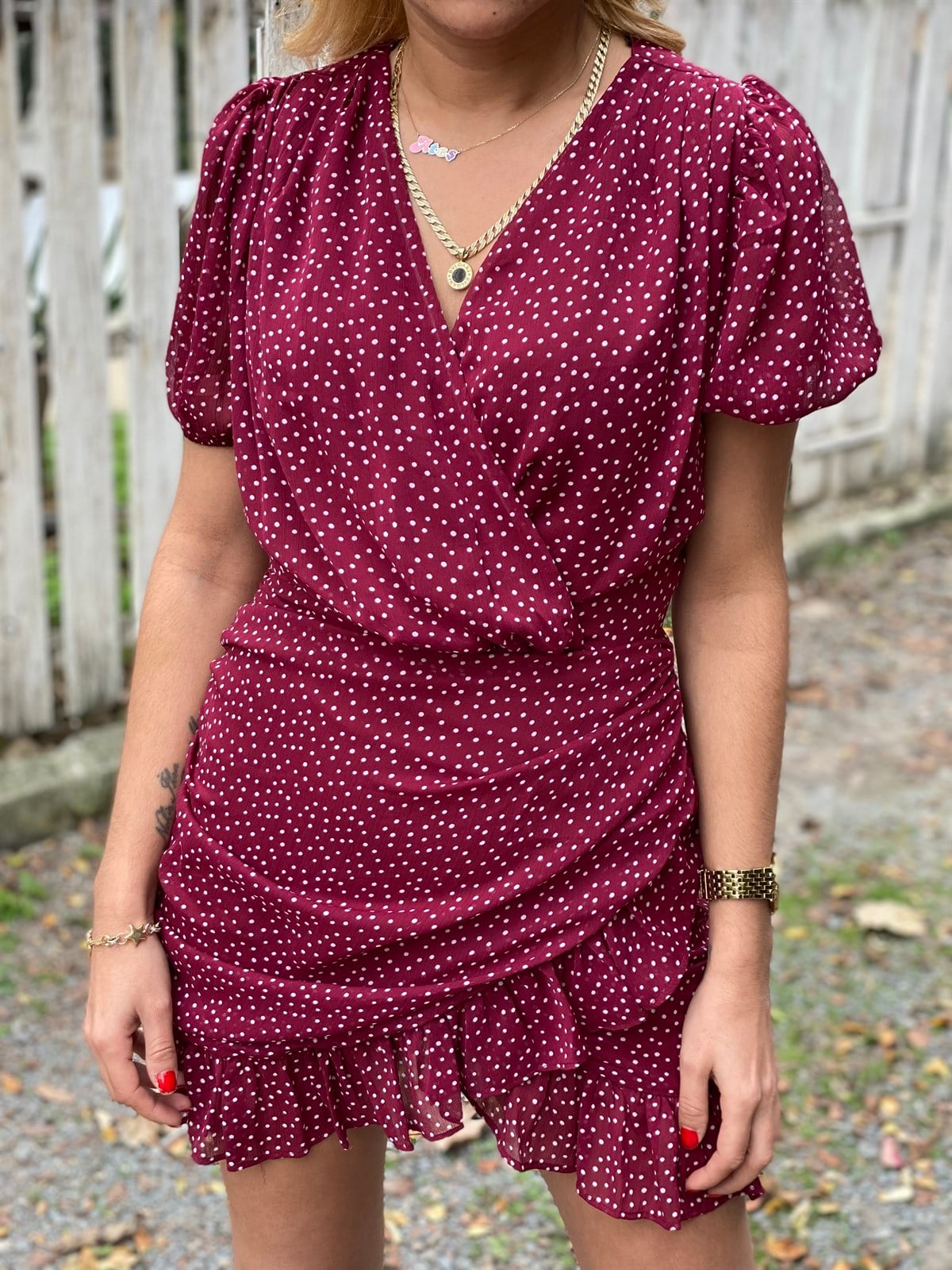 Kruvaze Yaka Bordo Puantiyeli Mini ElbiseELBİSE