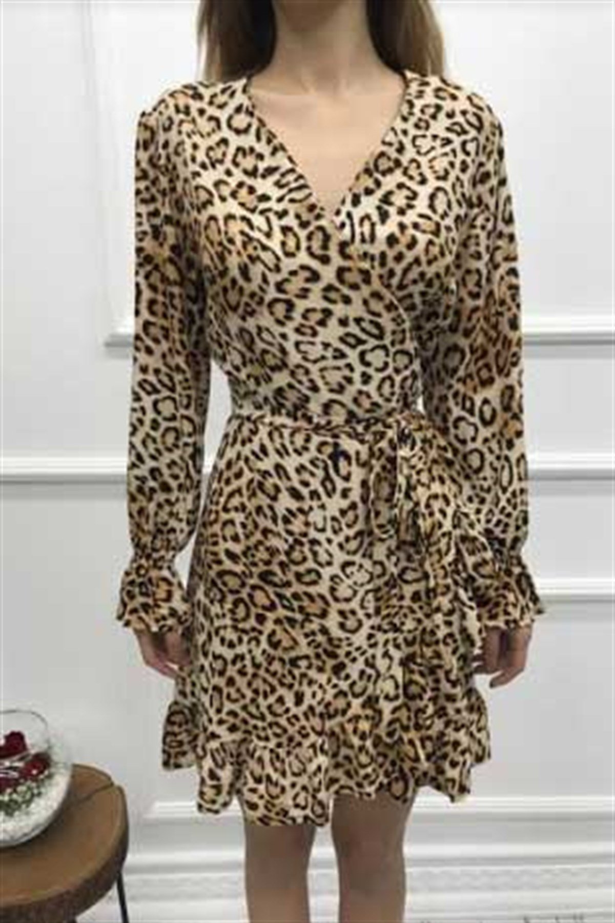 Kruvaze Yaka Leopar Elbise
