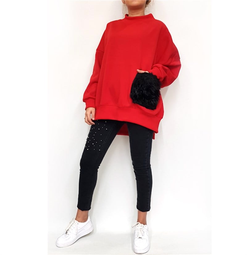Kürklü Tek Cepli Sweatshirt