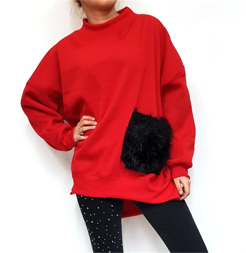 Kürklü Tek Cepli Sweatshirt