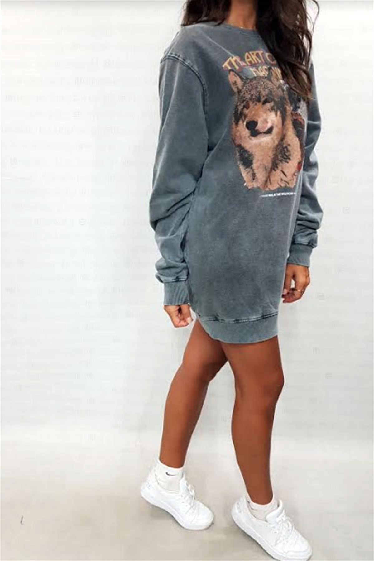 Kurt Baskılı Yıkamalı Tunik Sweatshirt