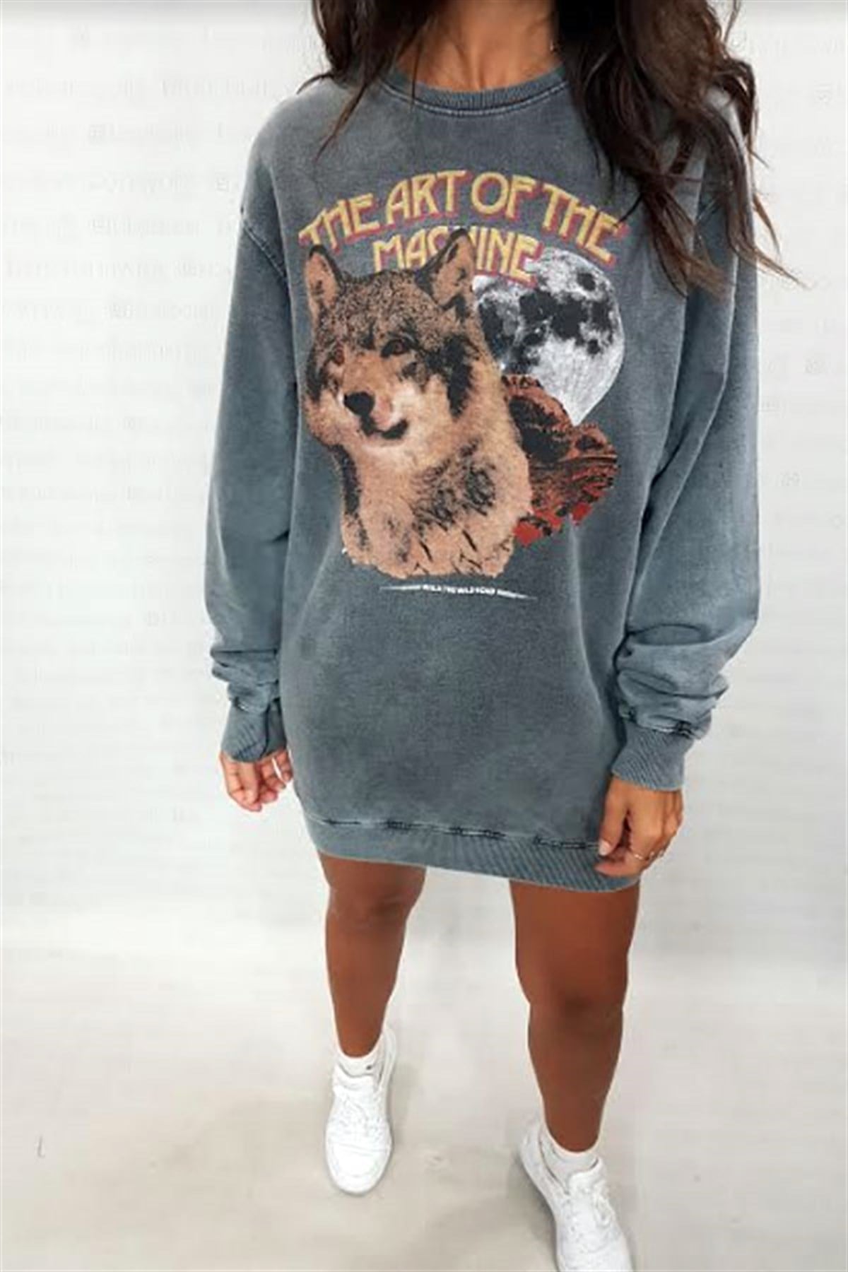 Kurt Baskılı Yıkamalı Tunik Sweatshirt