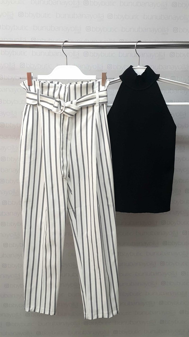 Kuşaklı Çizgili Beyaz Havuç Pantalon