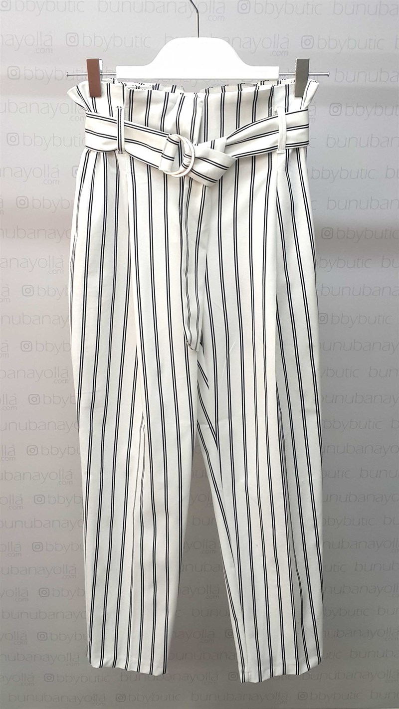 Kuşaklı Çizgili Beyaz Havuç Pantalon
