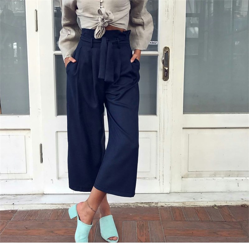 Kuşaklı Midi Bol Paça Pudra Pantalon