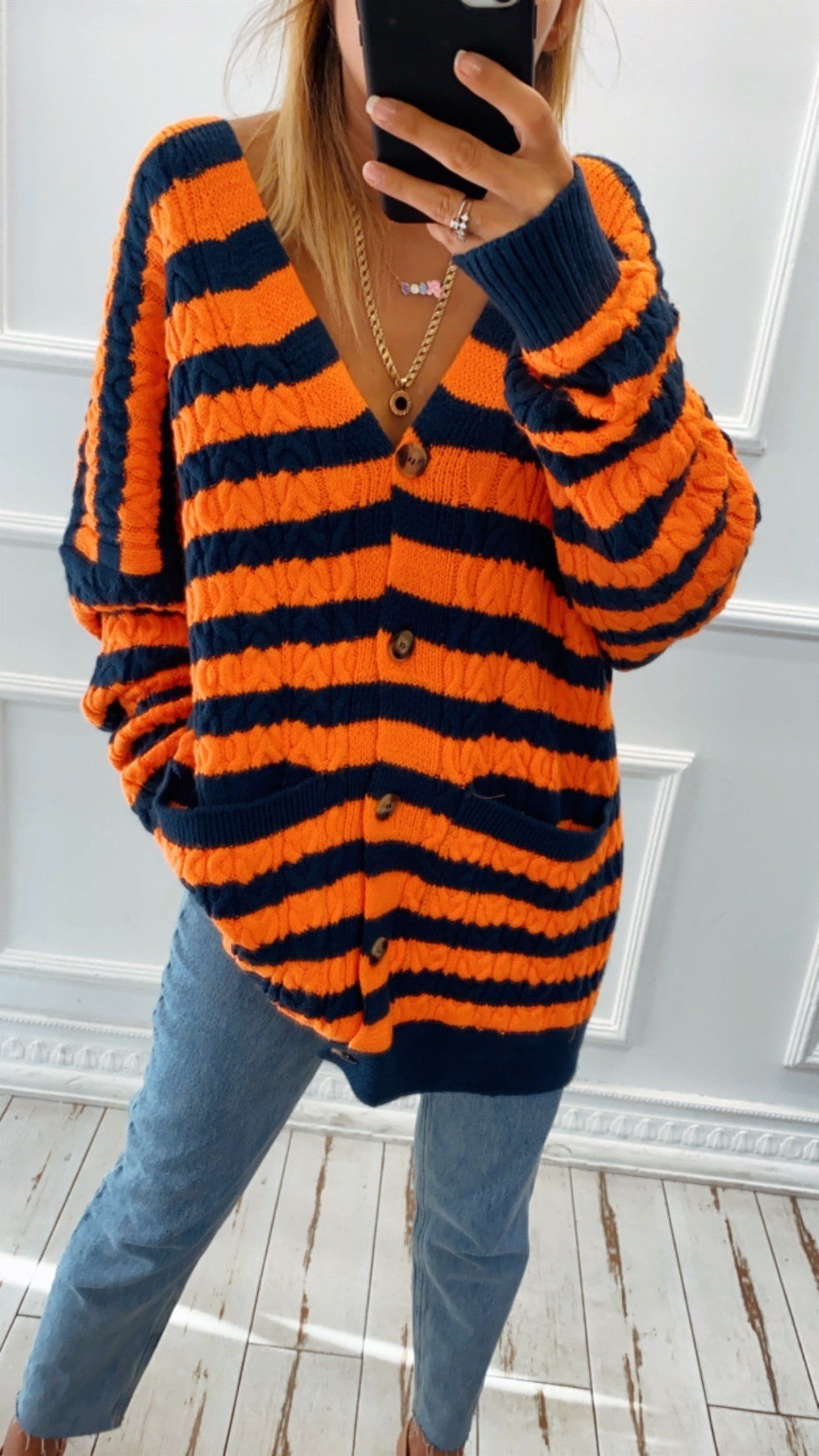 Lacivert Turuncu Çizgili Oversize Hırka