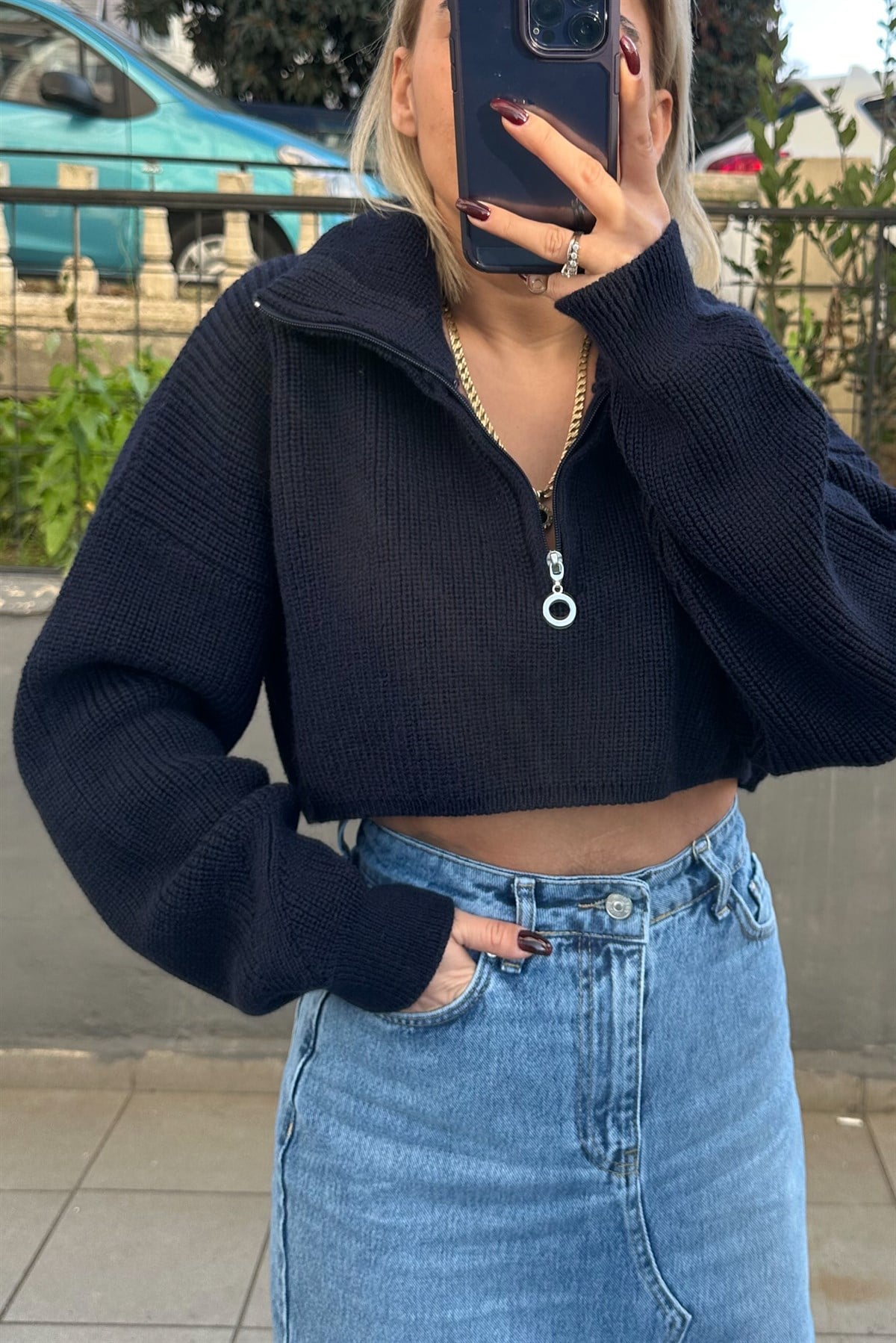 Lacivert Yarım Fermuarlı Crop KazakKAZAK