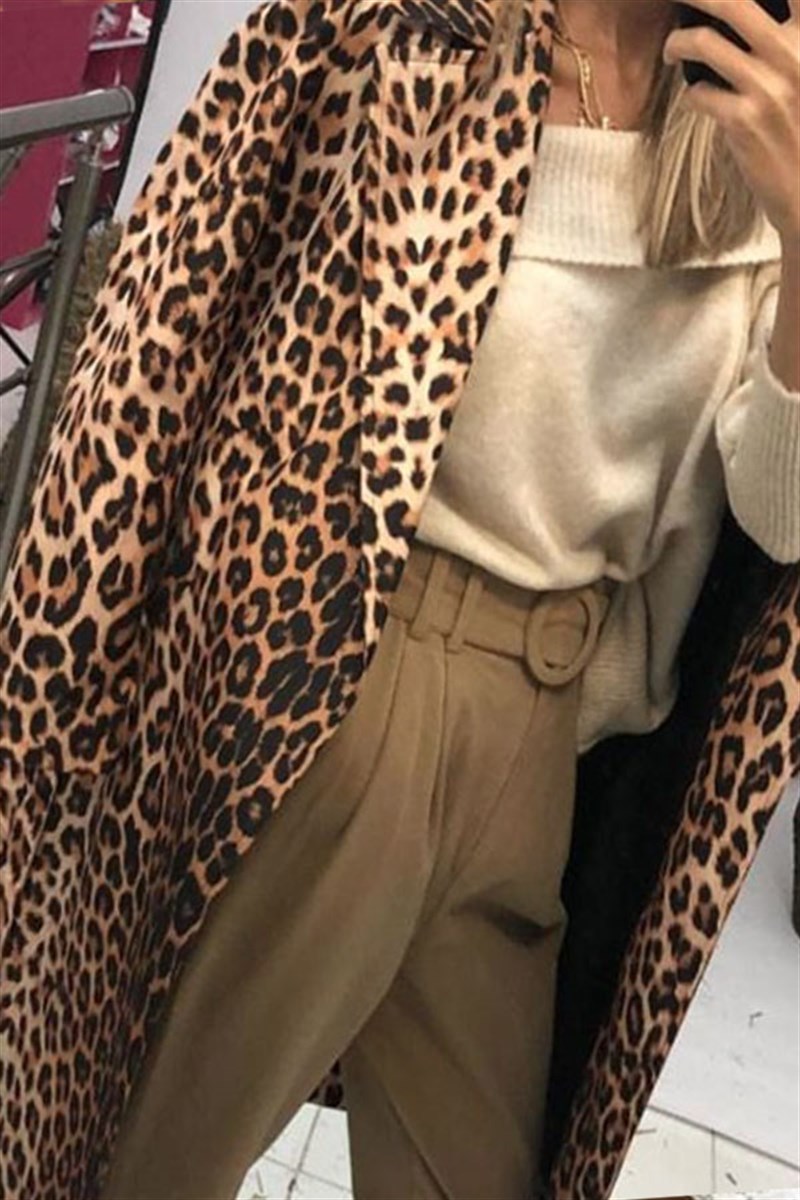 Leopar Desen Astarlı Trençkot