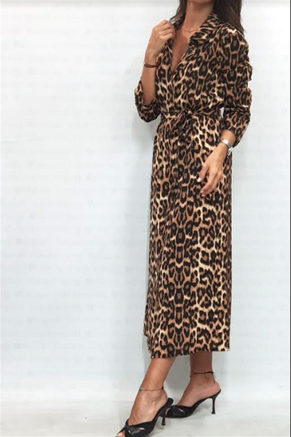 Leopar Desen Maxi Gömlek Elbise