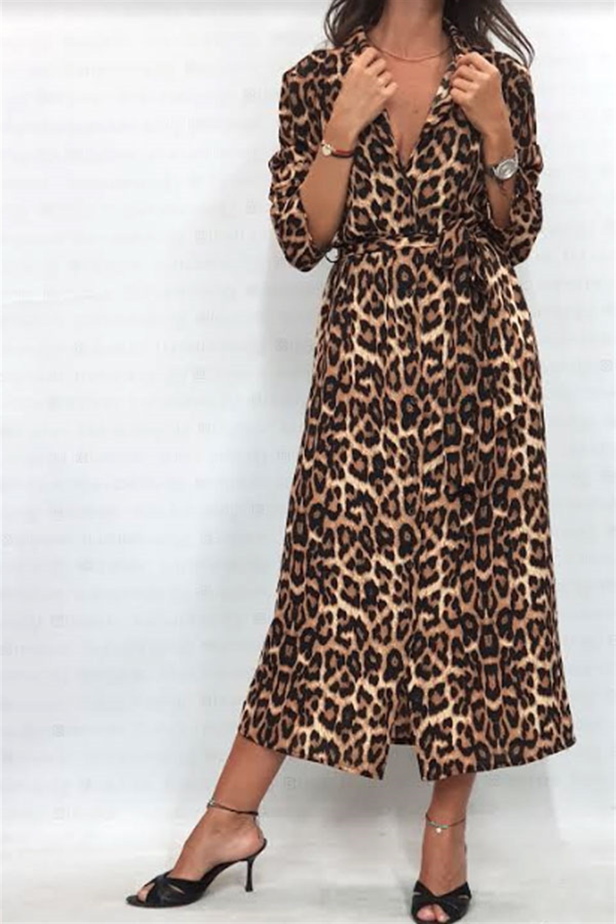 Leopar Desen Maxi Gömlek Elbise
