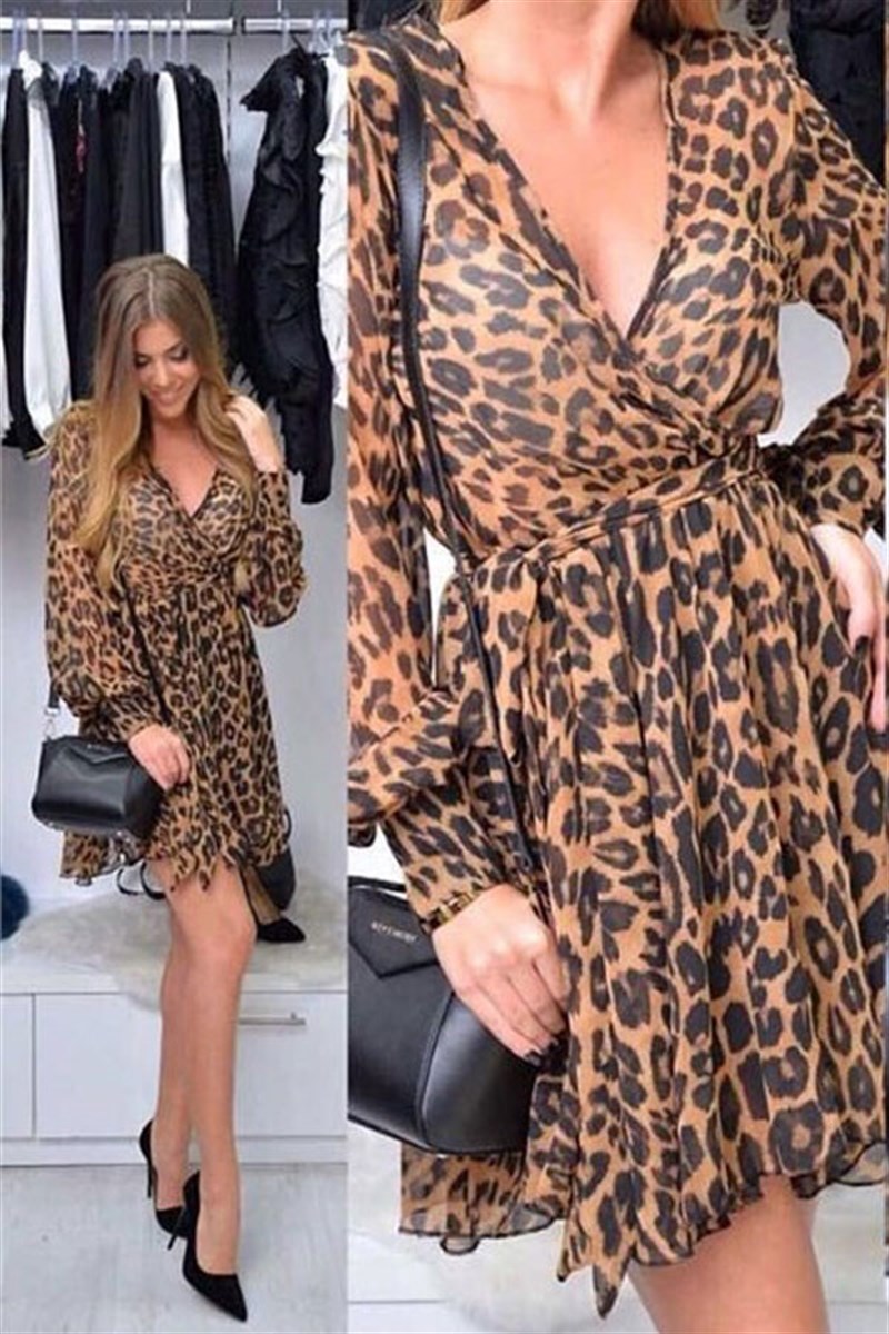 Leopar Desen Şifon Elbise