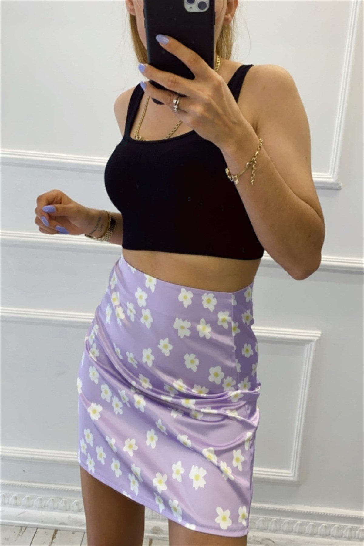 Lila Çiçekli Saten Mini EtekETEK