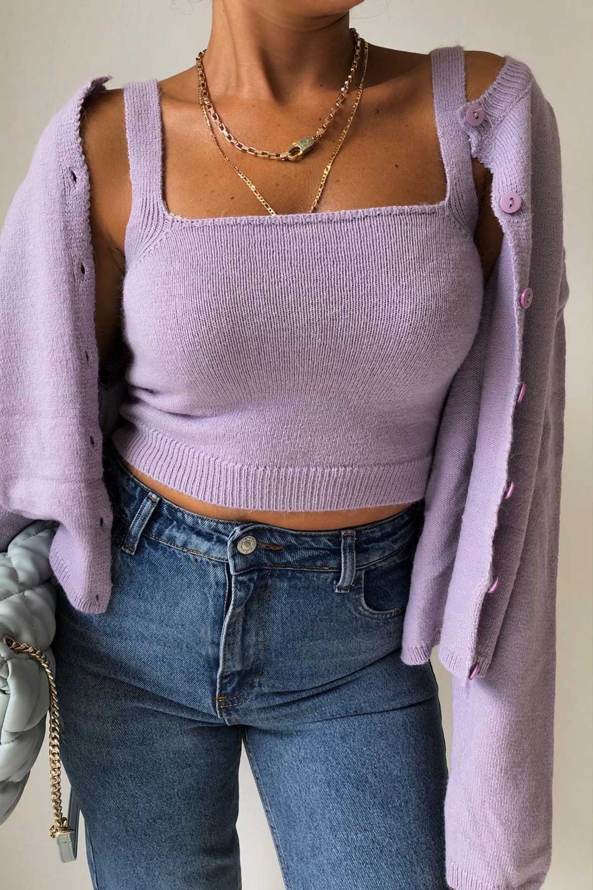 Lila Crop Hırka Takım