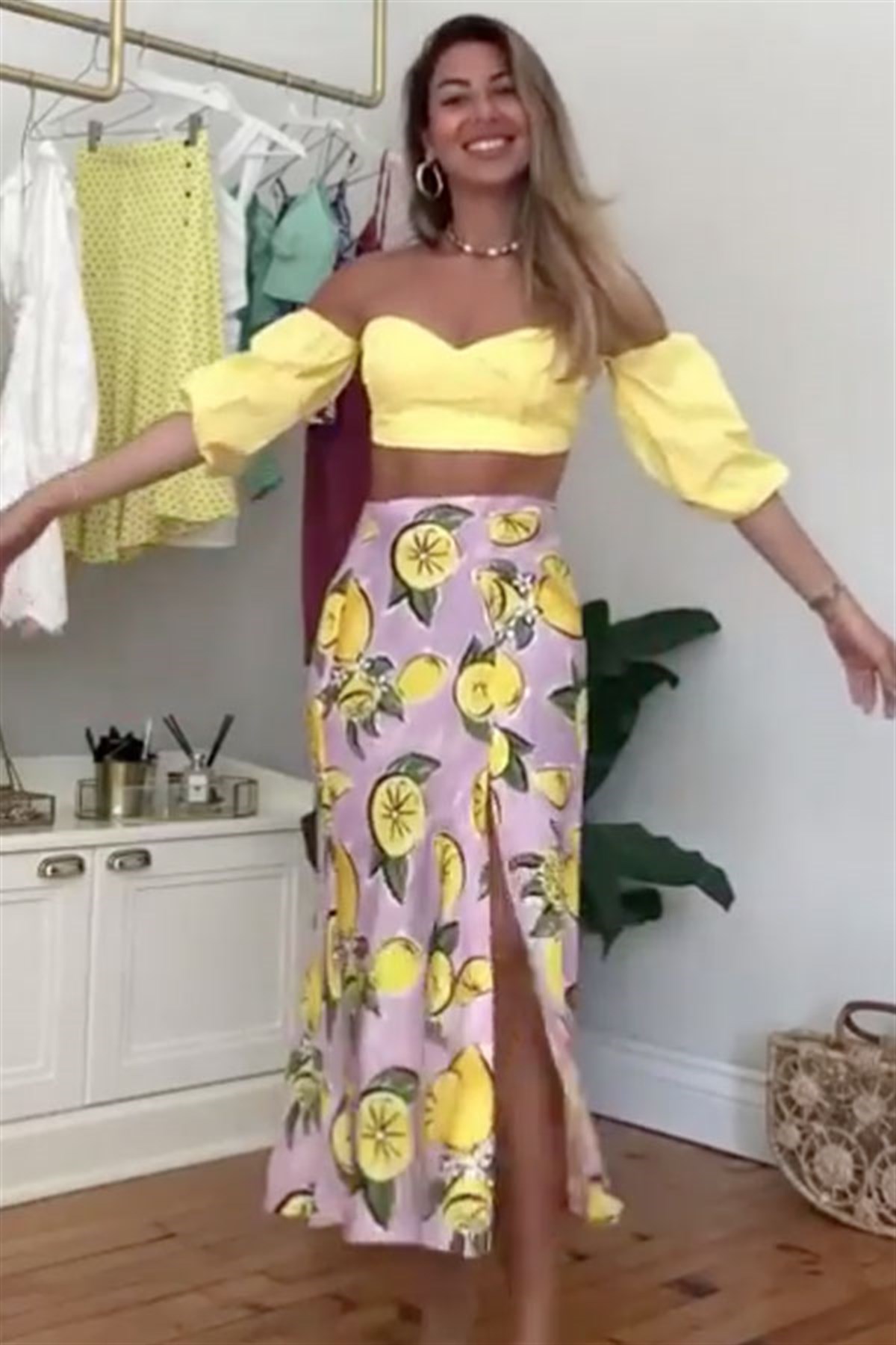Limon Desenli Etek Crop Bluz Takıım