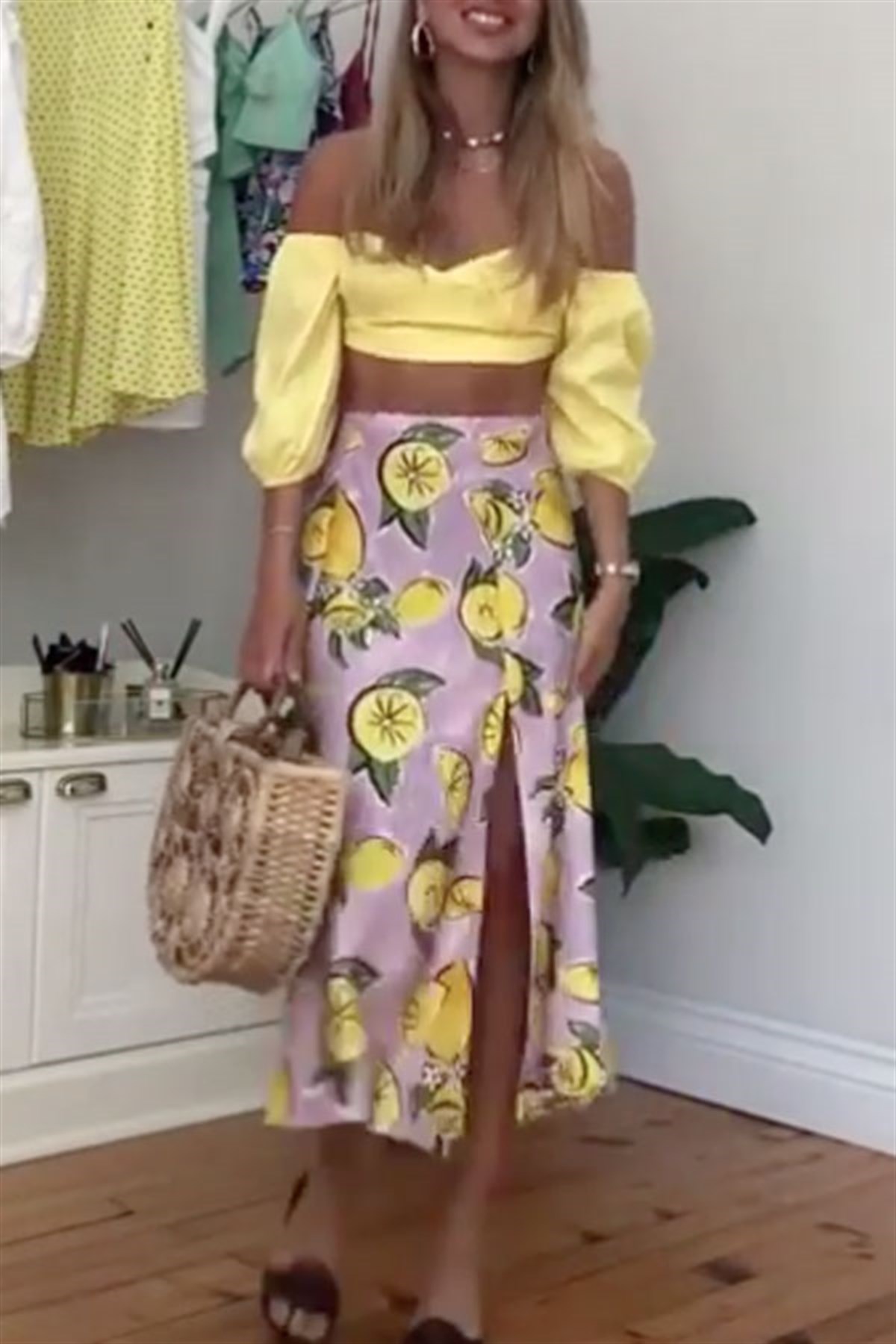 Limon Desenli Etek Crop Bluz Takıım