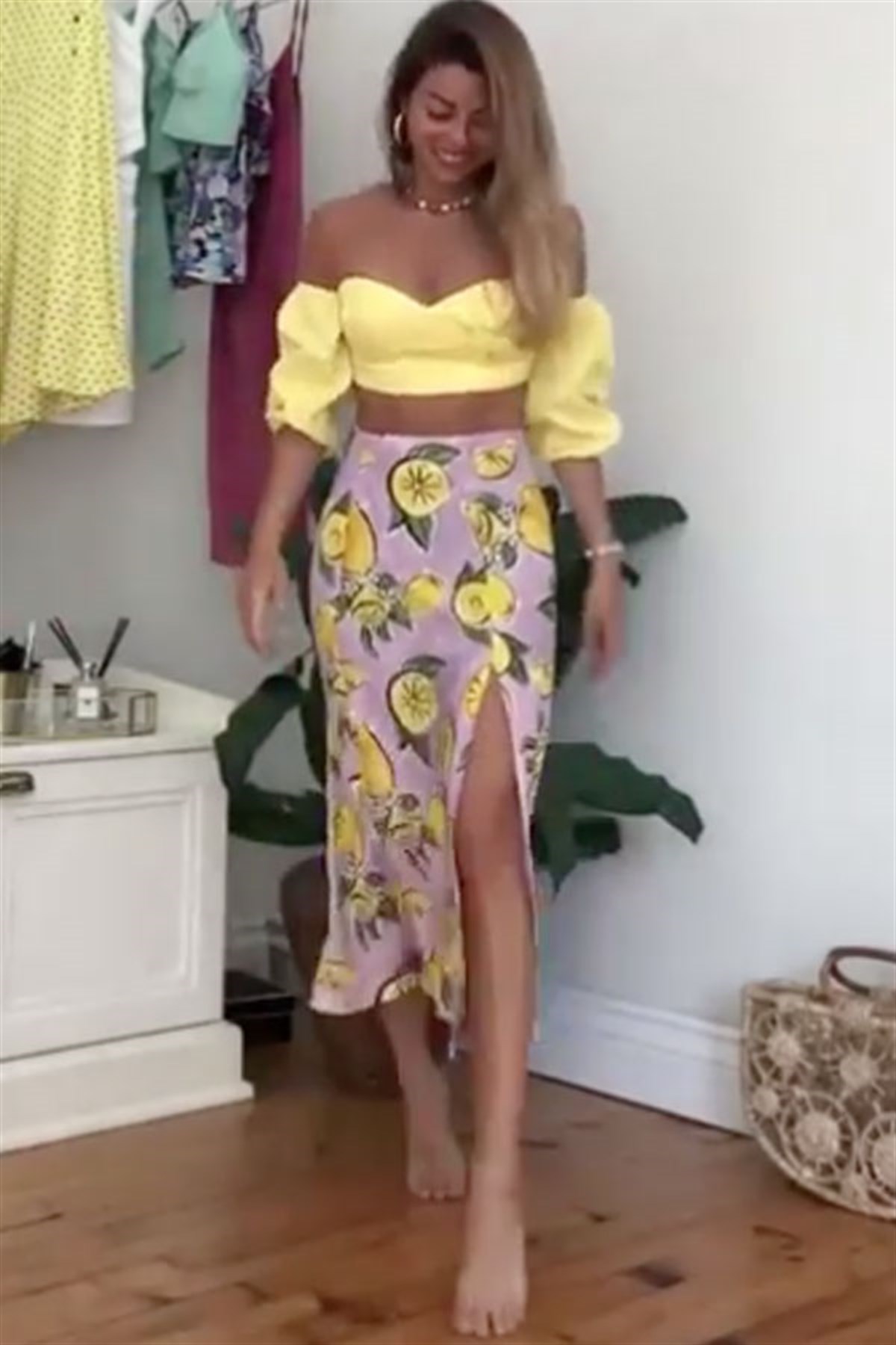 Limon Desenli Etek Crop Bluz Takıım