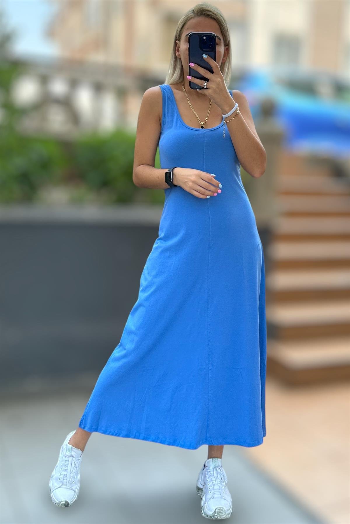 Mavi Basic Çan Kesim Midi ElbiseELBİSE