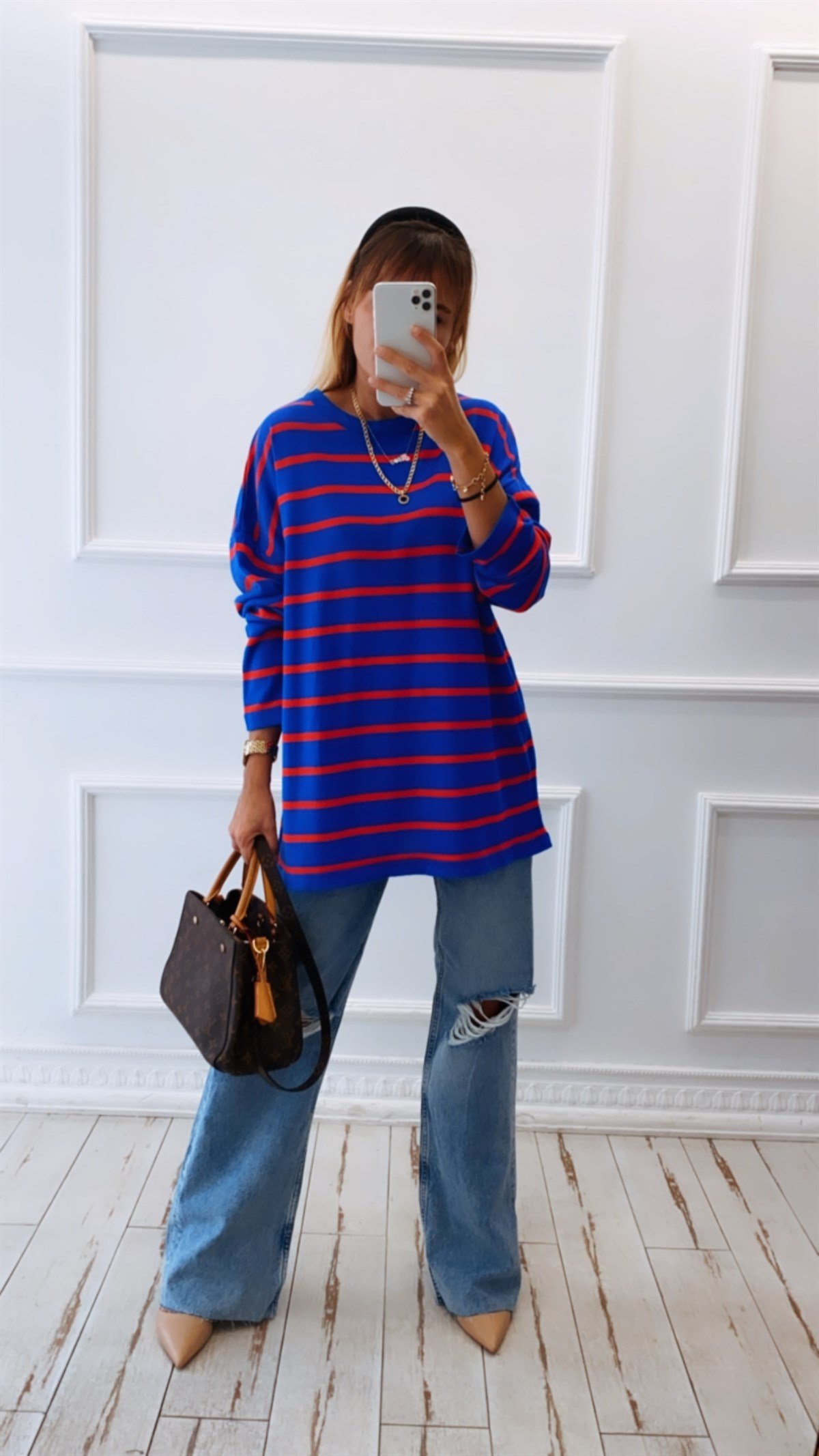 Mavi Kırmızı Çizgili Oversize Triko Kazak