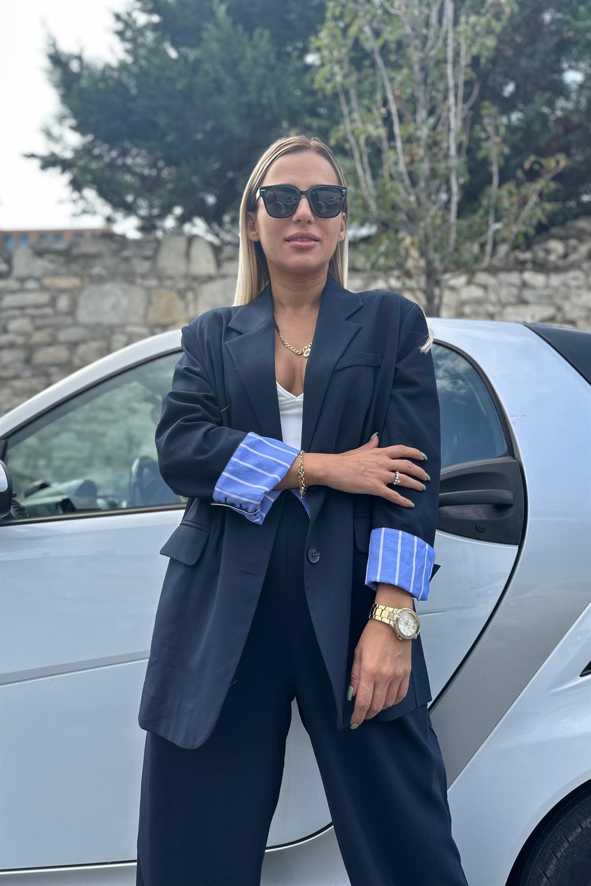 Mavi Şerit Detaylı Oversize CeketMONT/CEKET