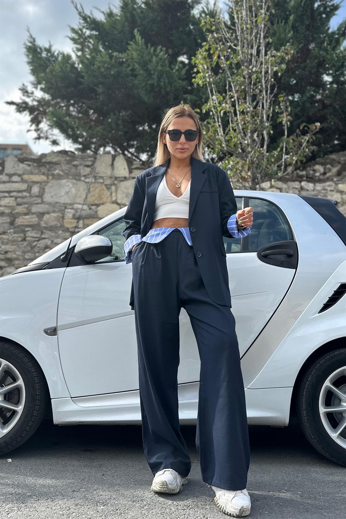 Mavi Şeritli Bel Detay PalazzoPANTOLON