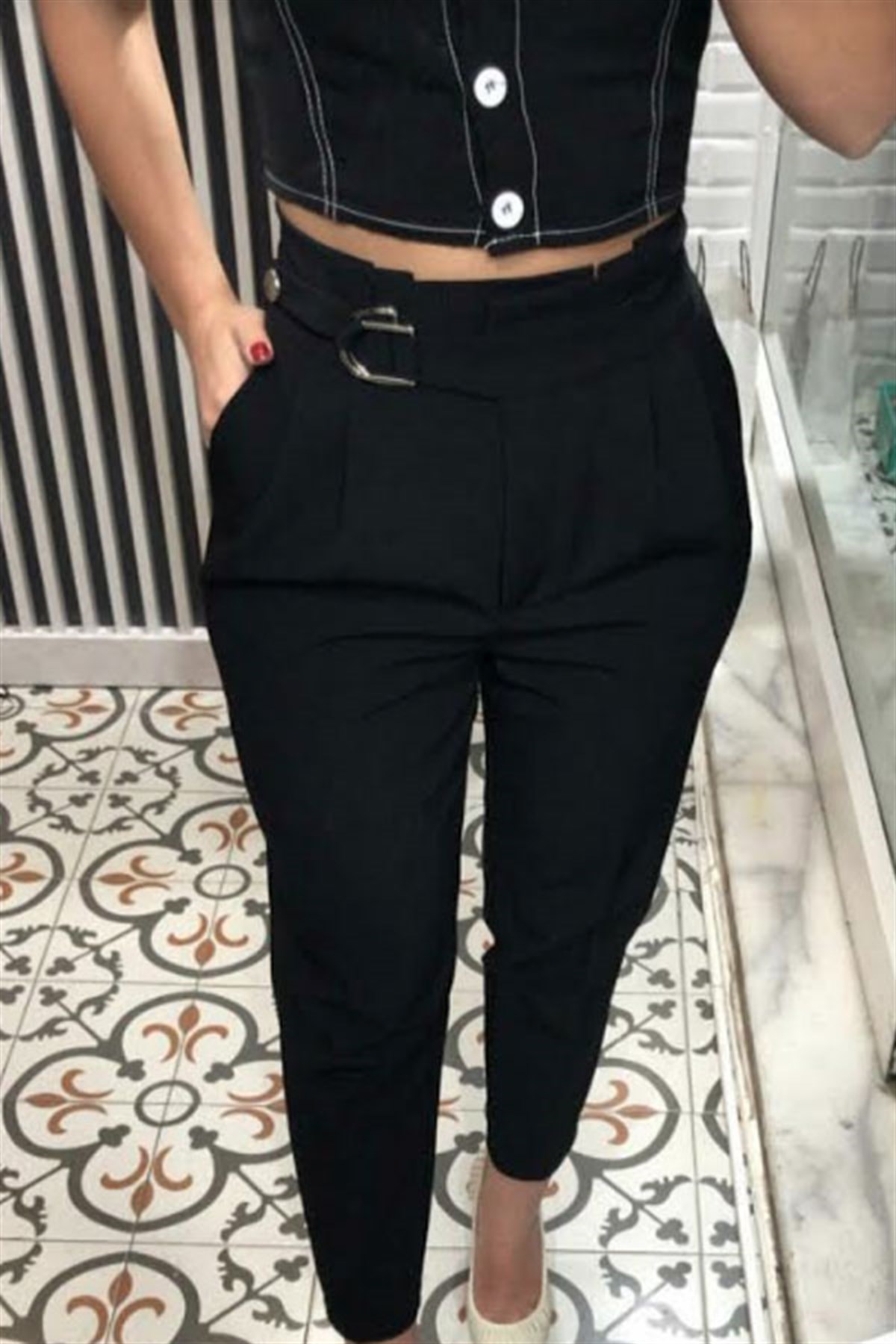 Metal Tokalı Yüksek Bel Havuç Pantalon