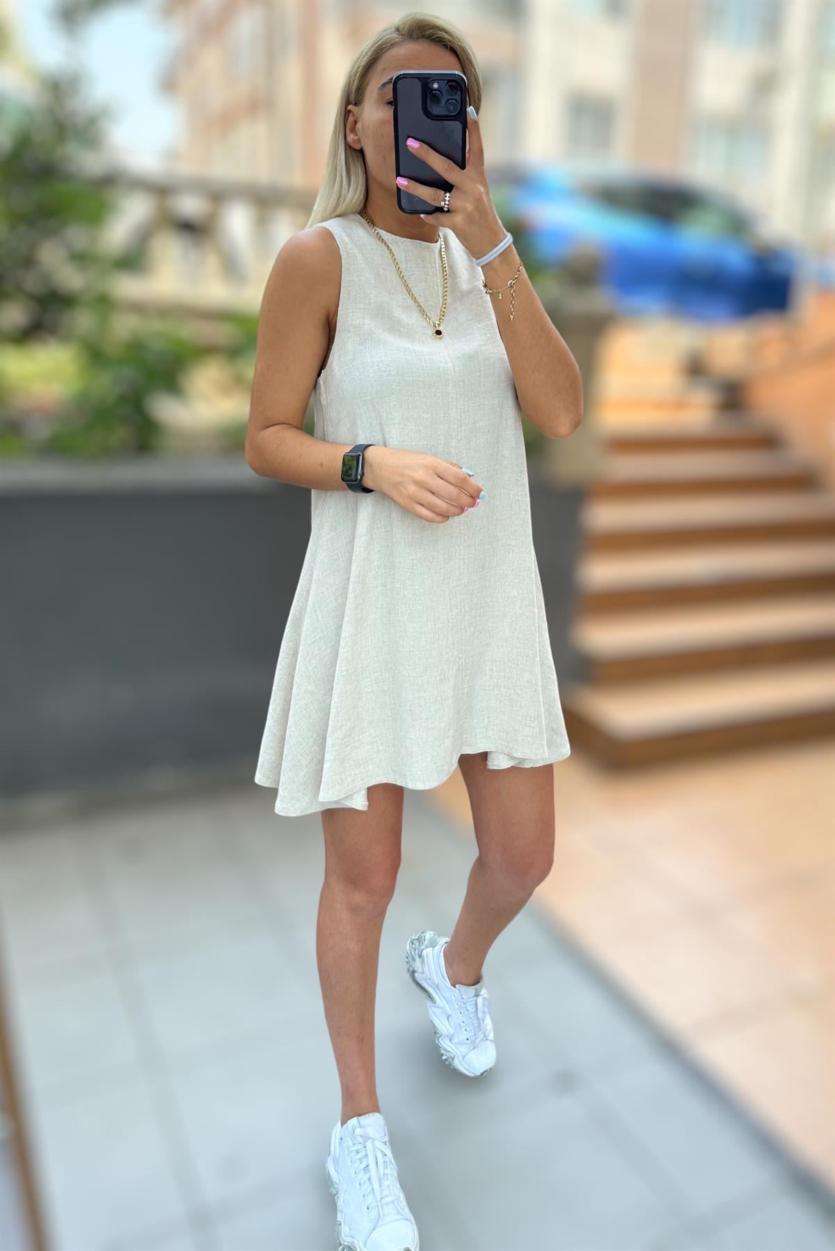 Mini Çan Kesim Keten ElbiseELBİSE