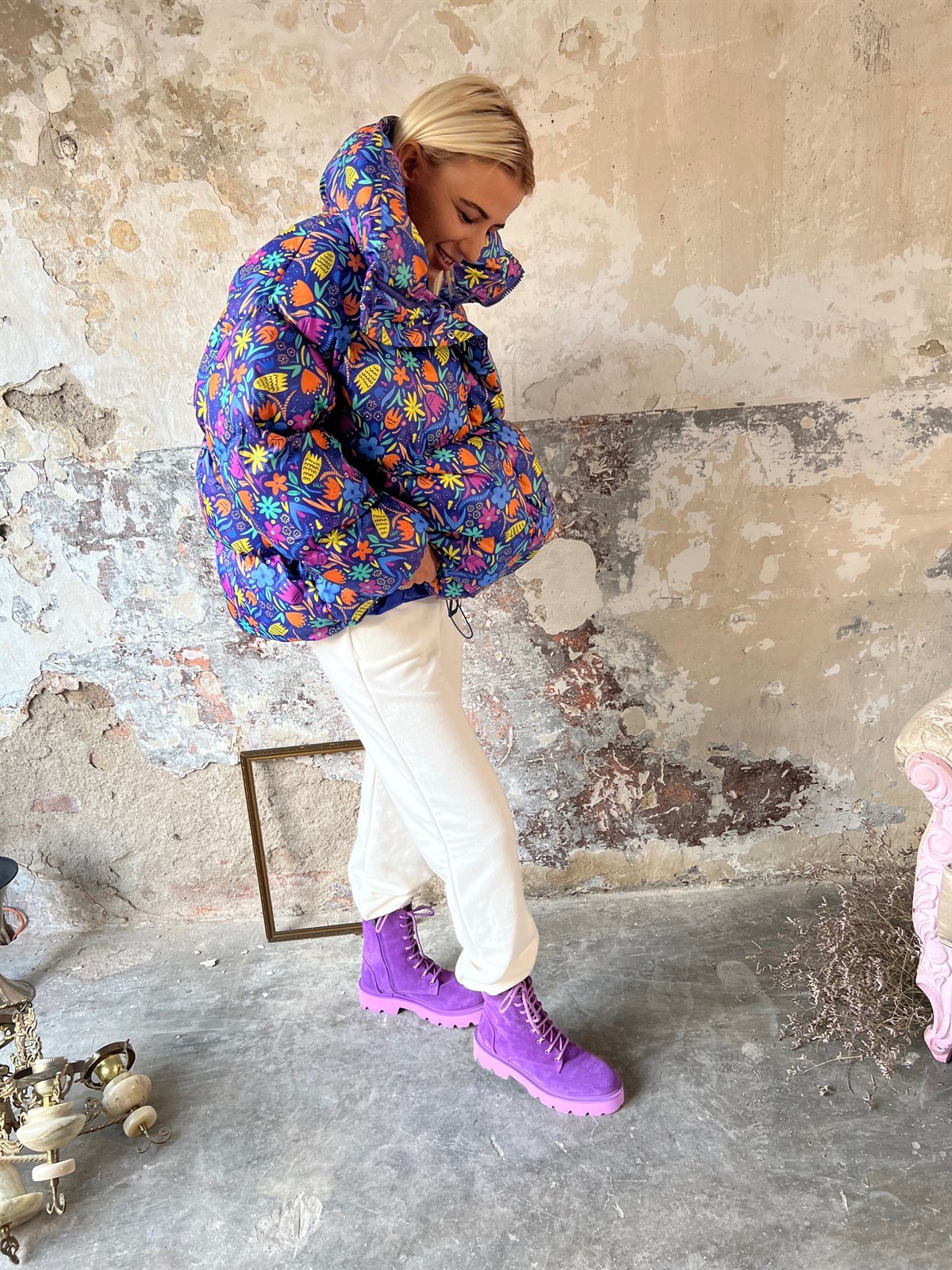 Minik Desenli Oversize Mor Şişme MontMONT/CEKET