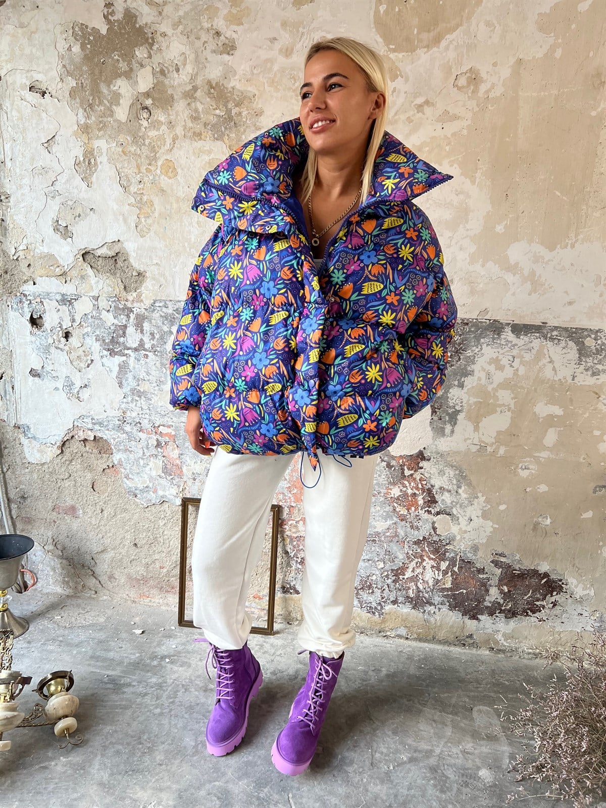 Minik Desenli Oversize Mor Şişme MontMONT/CEKET