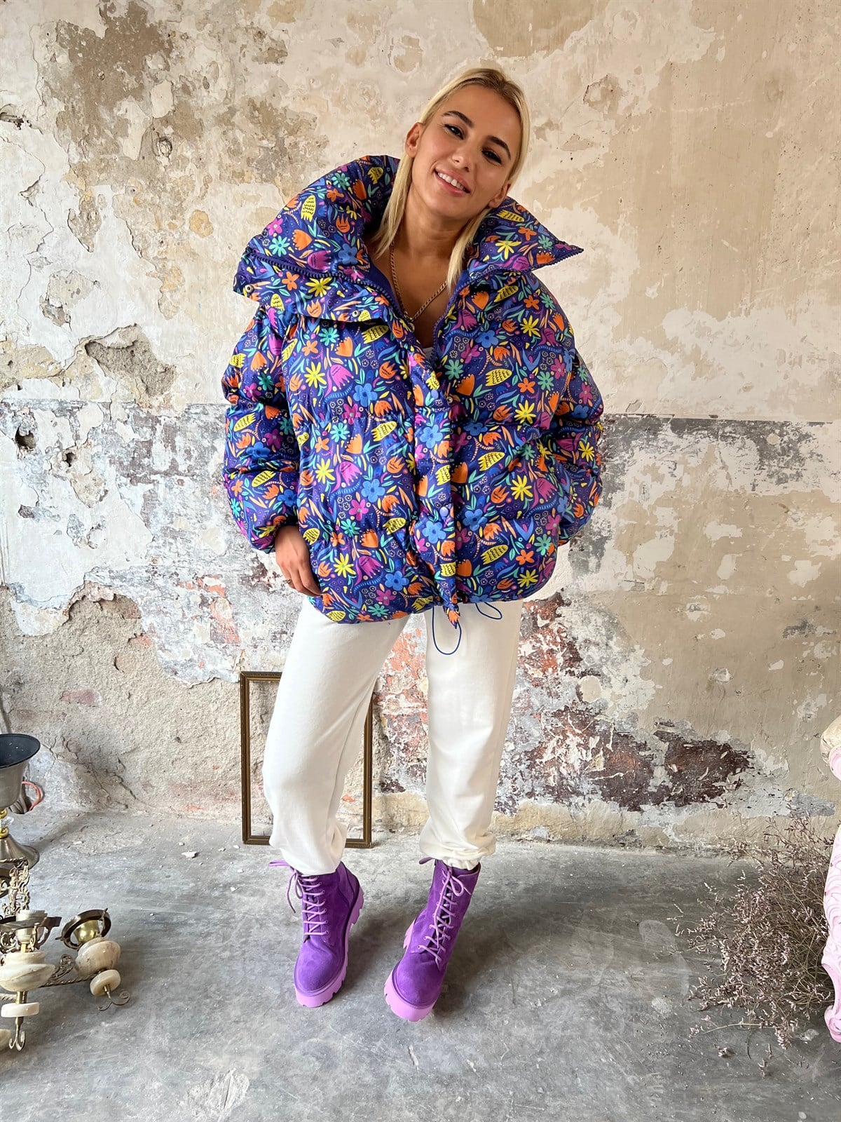 Minik Desenli Oversize Mor Şişme MontMONT/CEKET