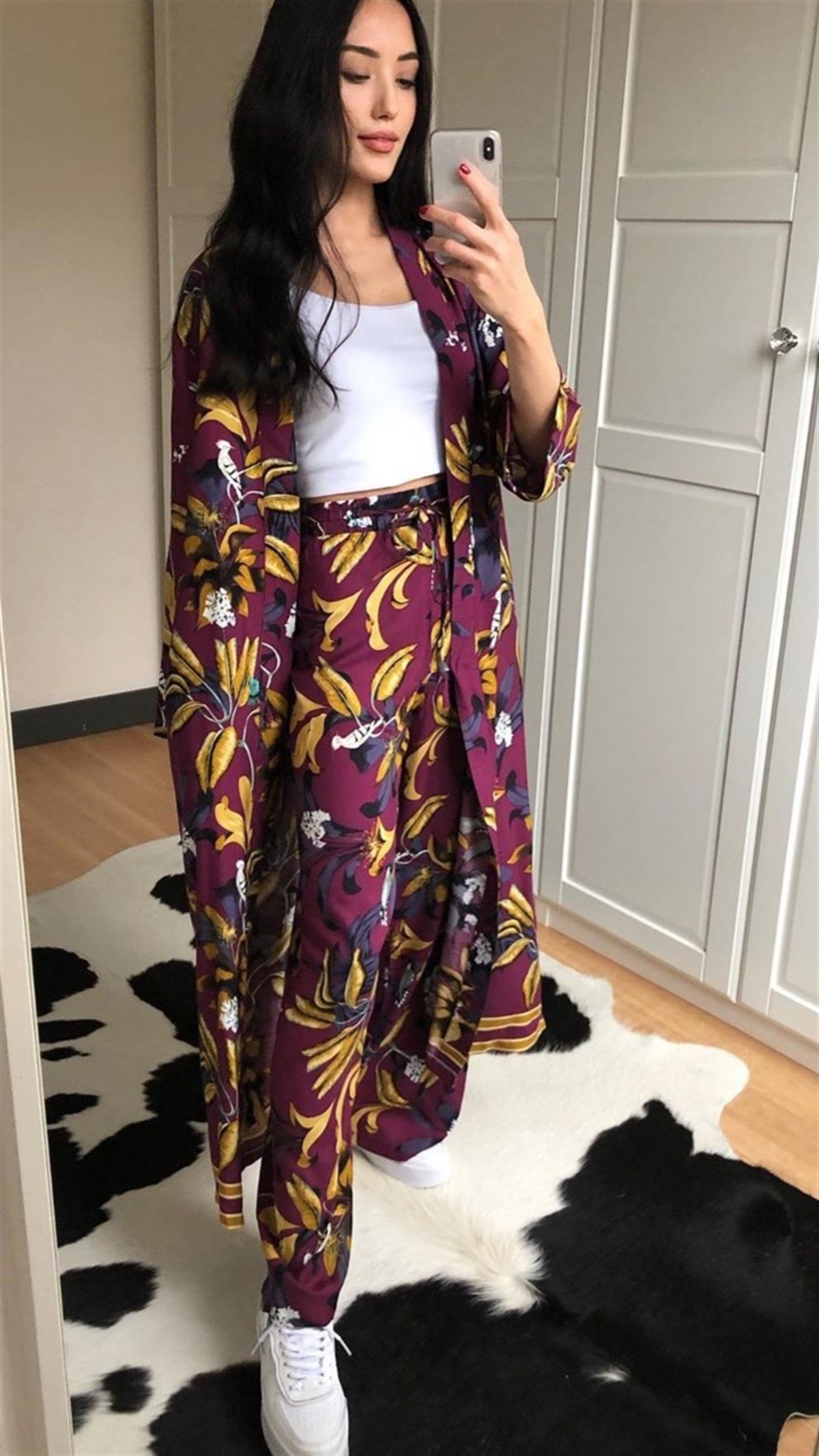 Mürdüm Desenli Kimono Pantolon Takım