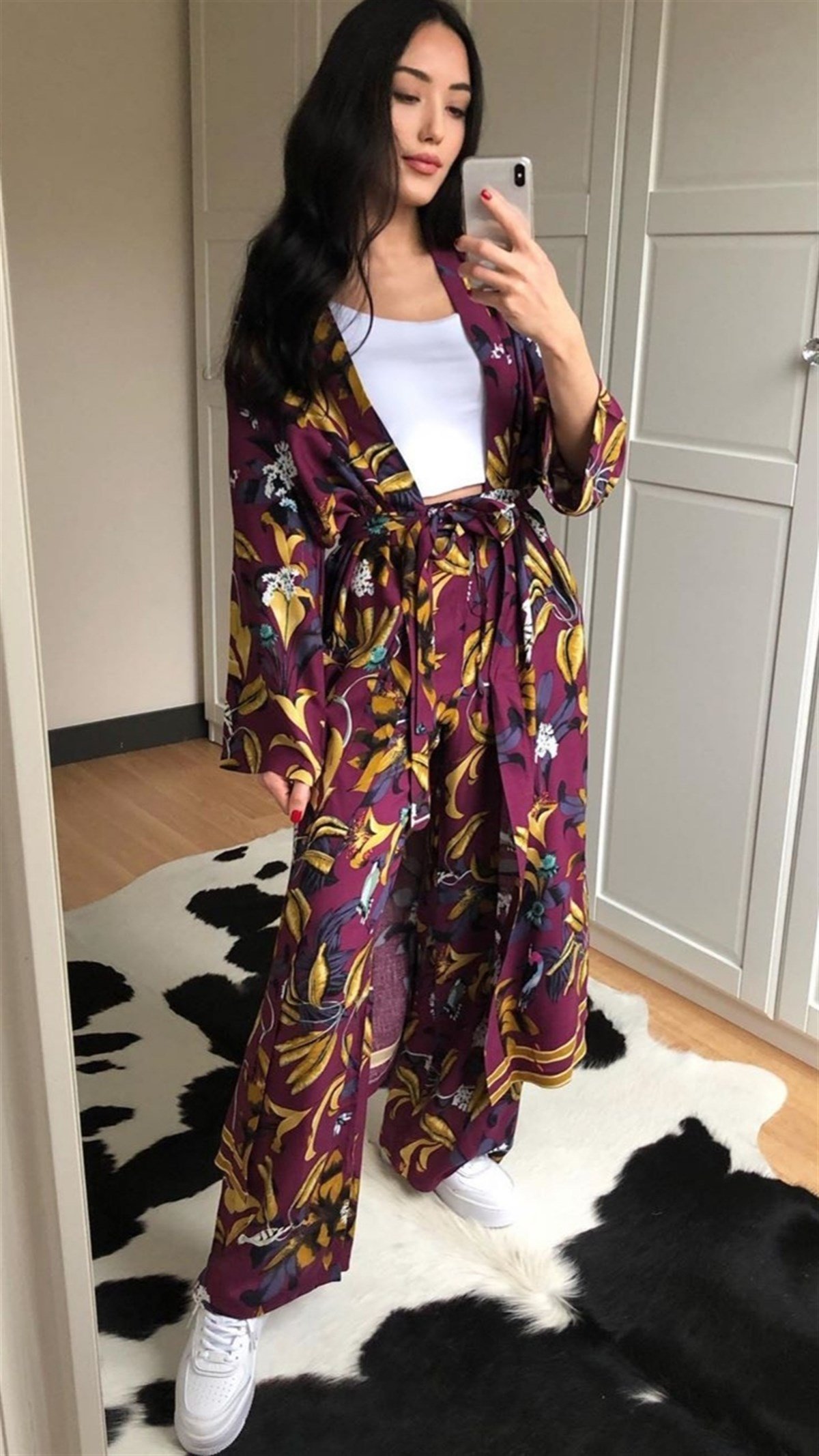 Mürdüm Desenli Kimono Pantolon Takım