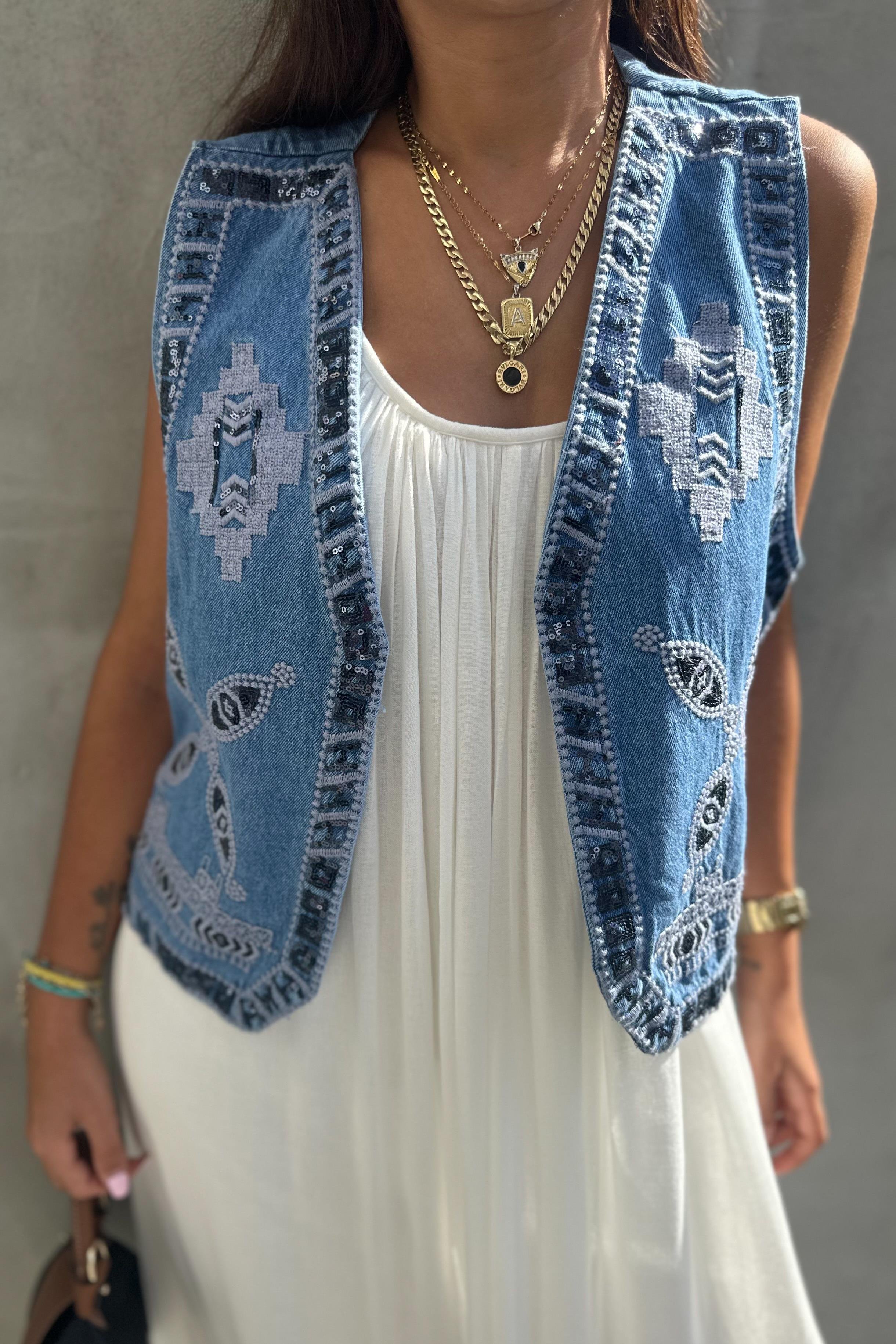Nakışlı Denim YelekDIŞ GİYİM