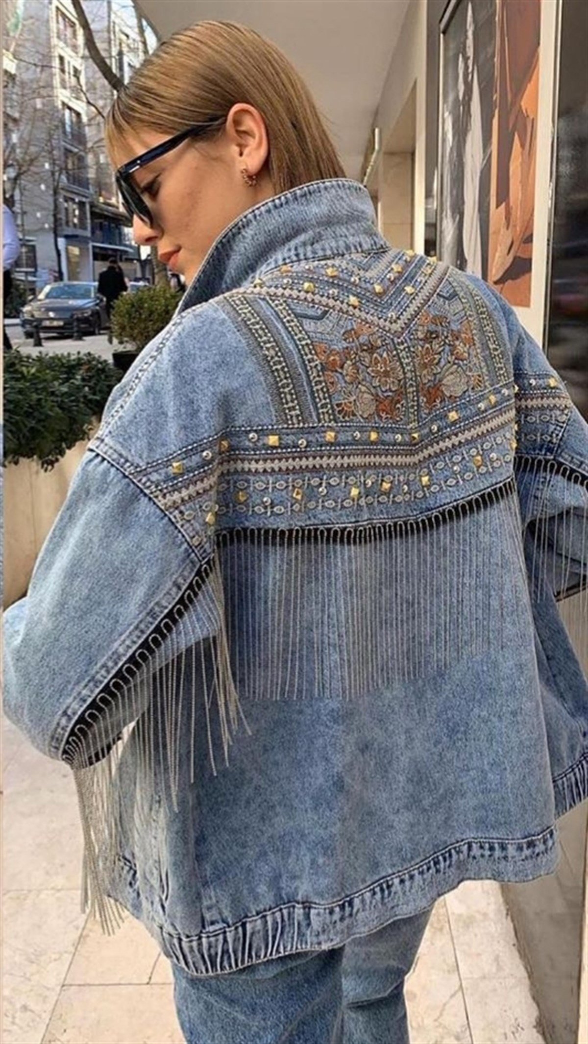 Nakışlı Zincirli Kot Ceket