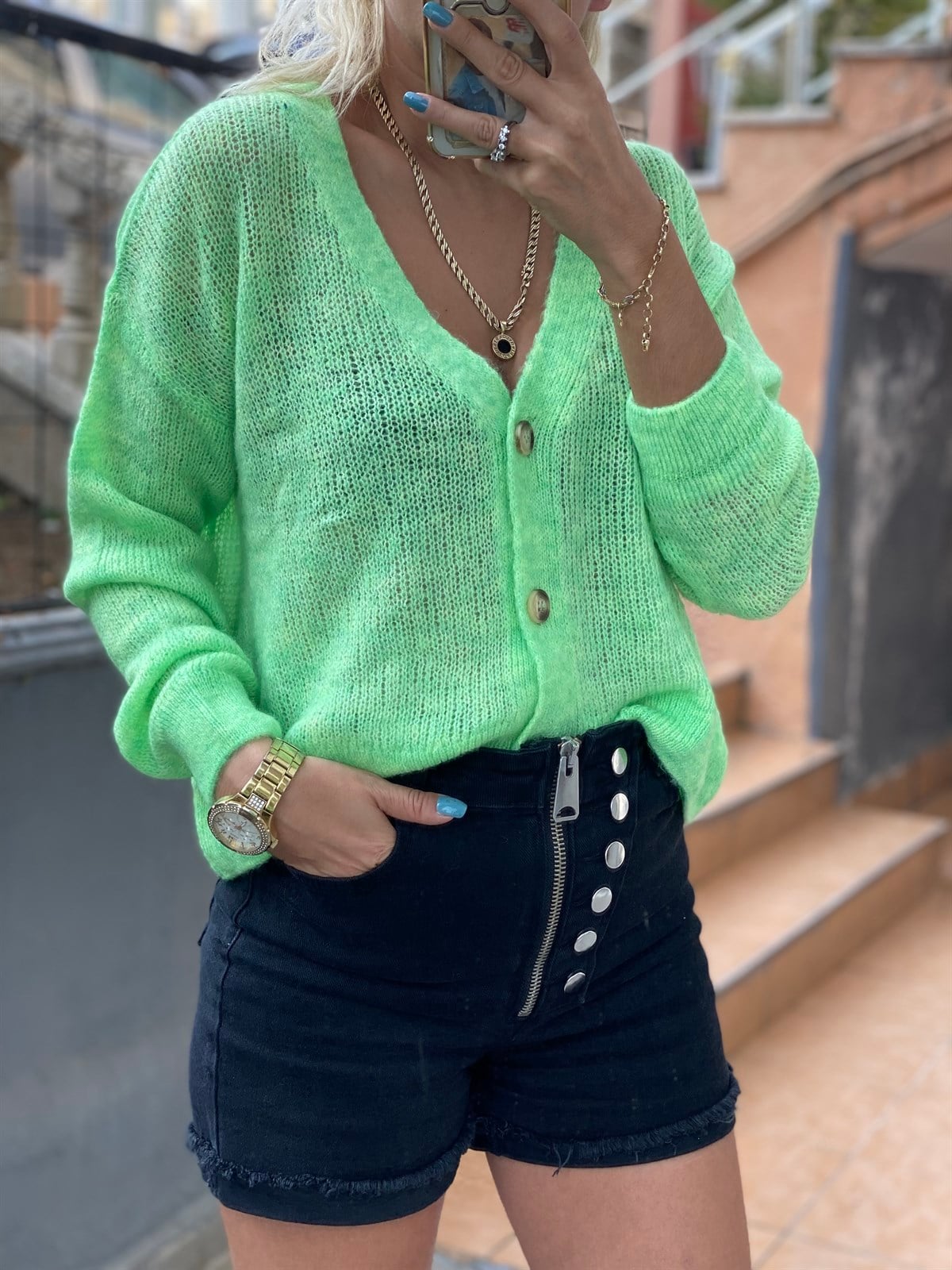 Neon Yeşil Örme HırkaHIRKA