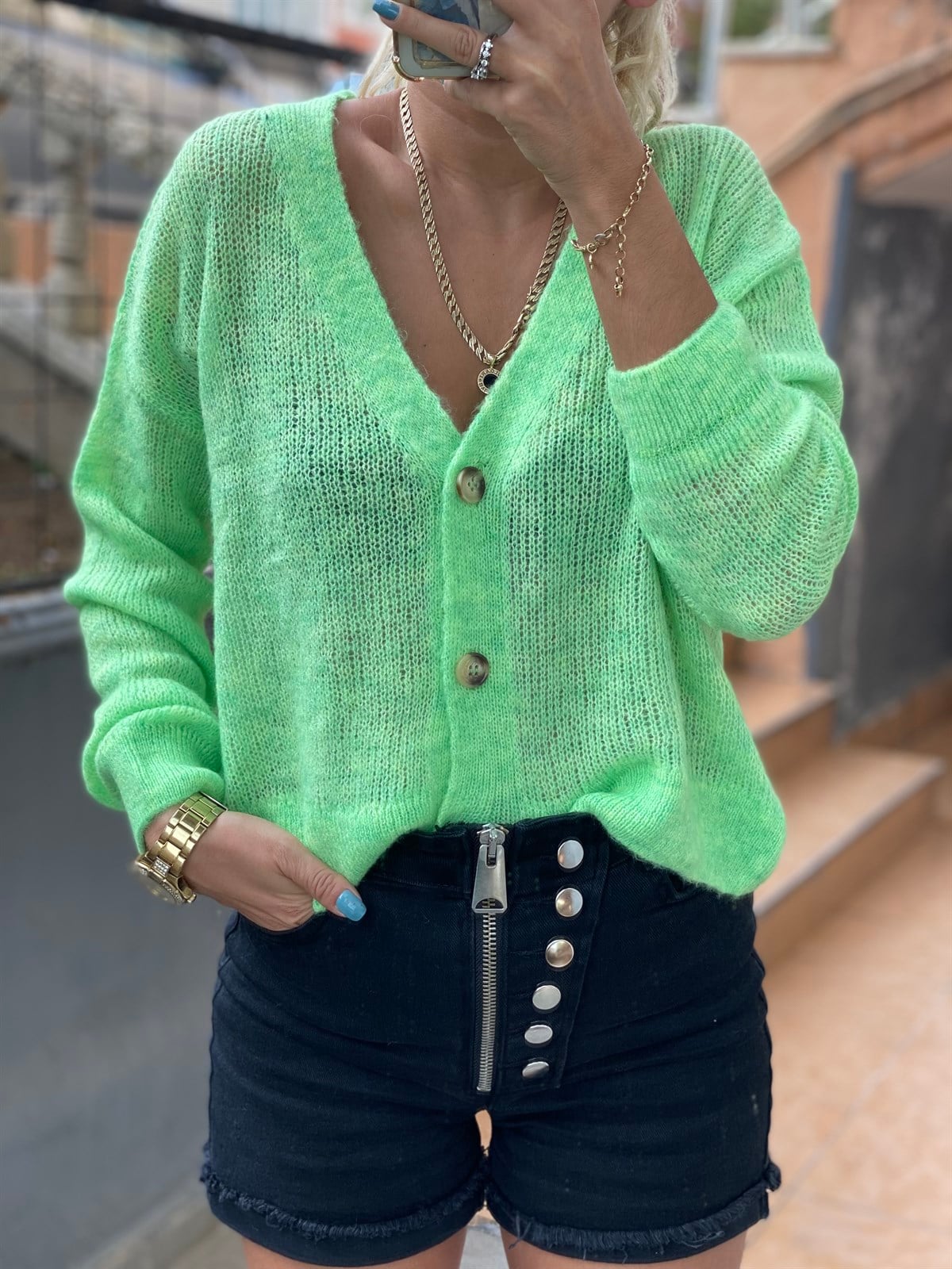 Neon Yeşil Örme HırkaHIRKA