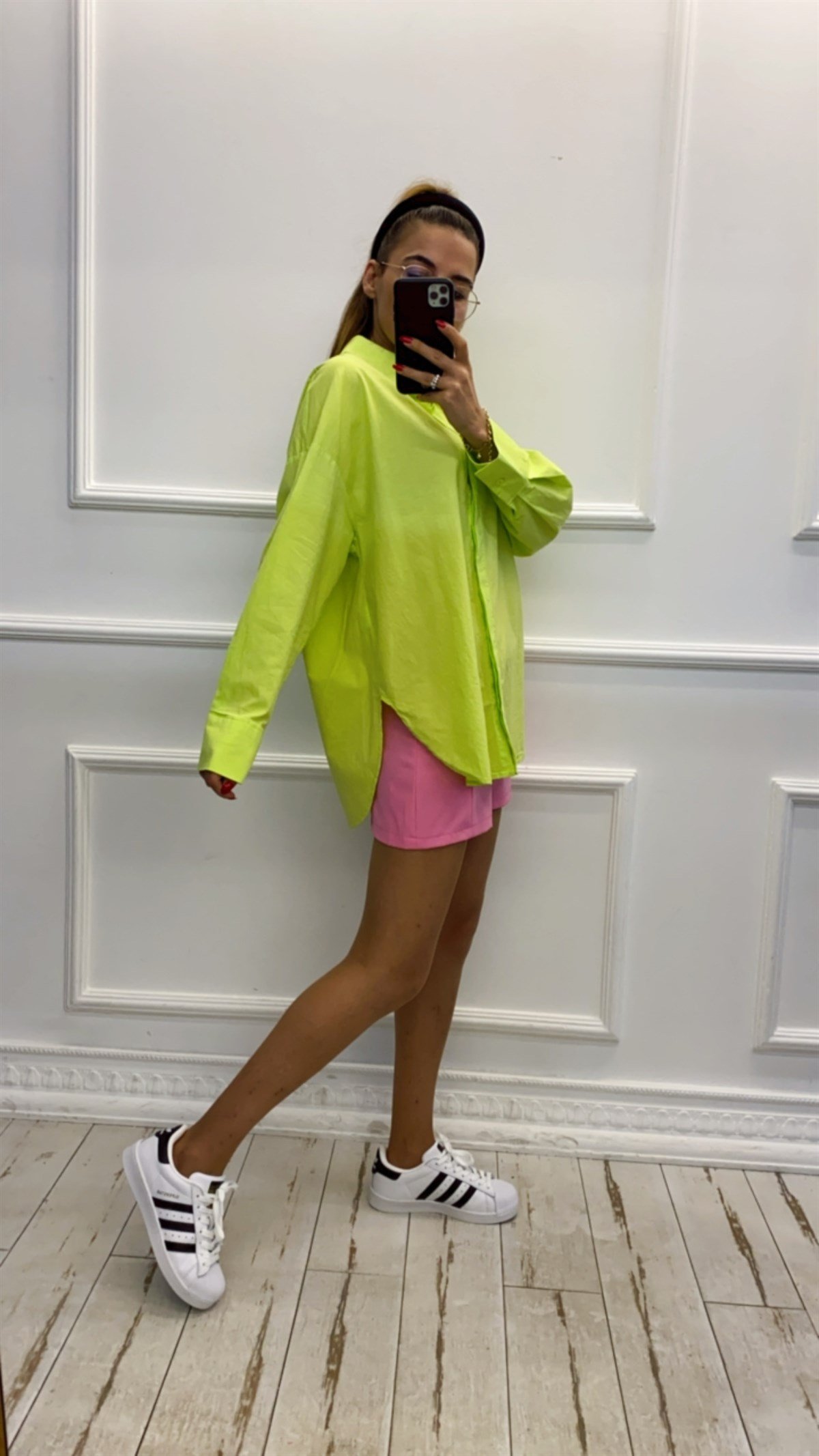 Neon Yeşil Pamuk Keten Oversize Gömlek