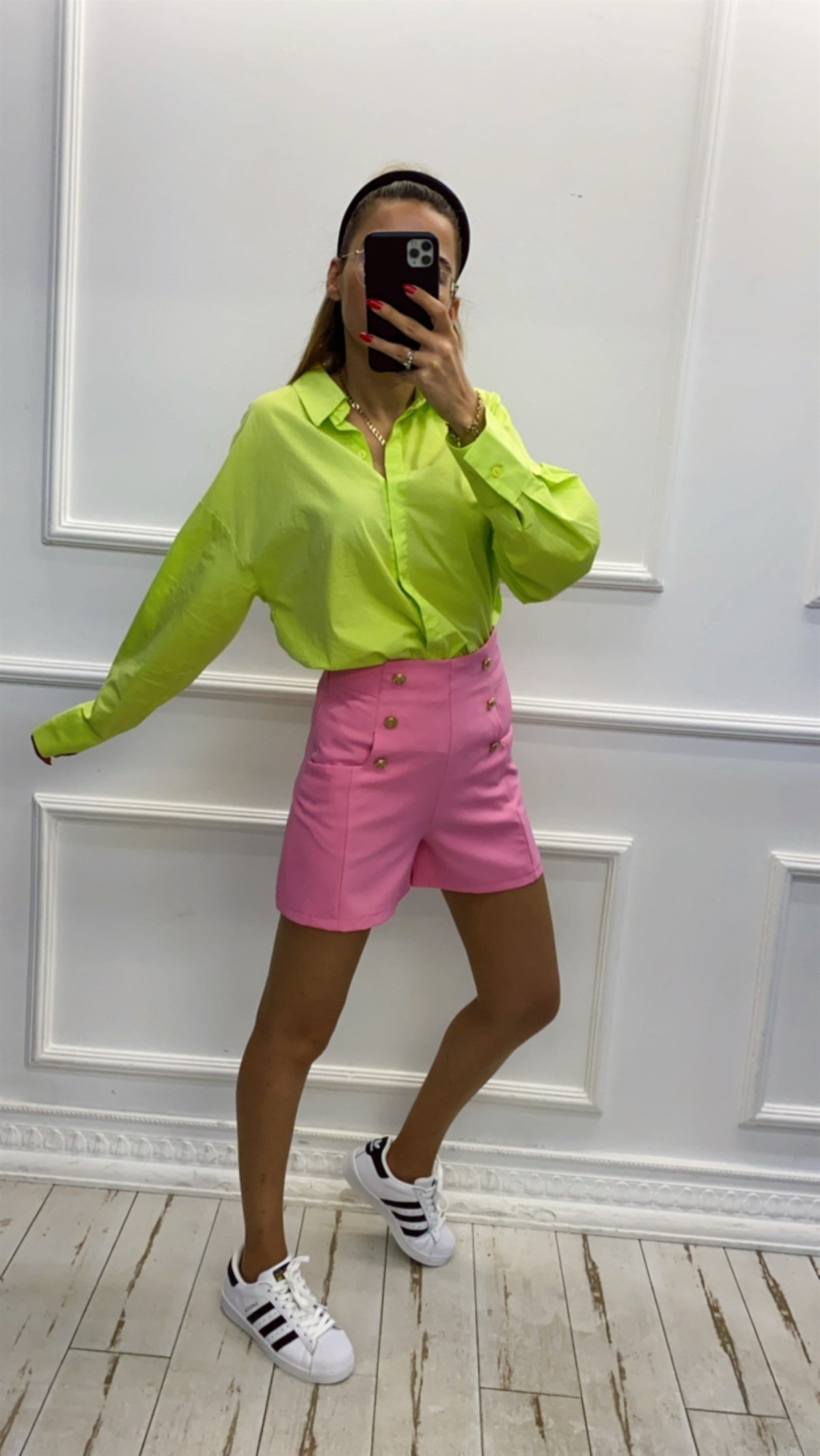 Neon Yeşil Pamuk Keten Oversize Gömlek