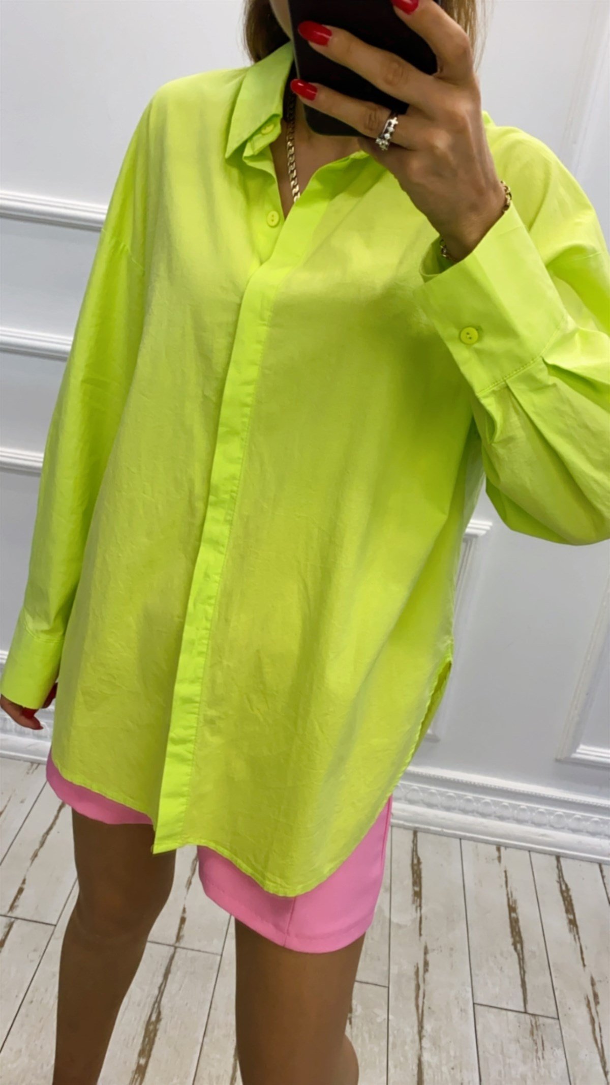 Neon Yeşil Pamuk Keten Oversize Gömlek