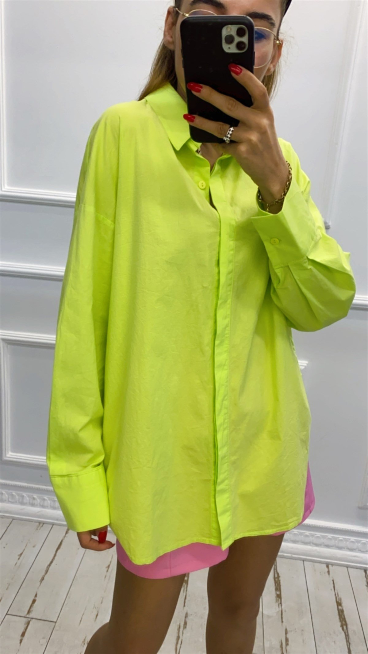 Neon Yeşil Pamuk Keten Oversize Gömlek