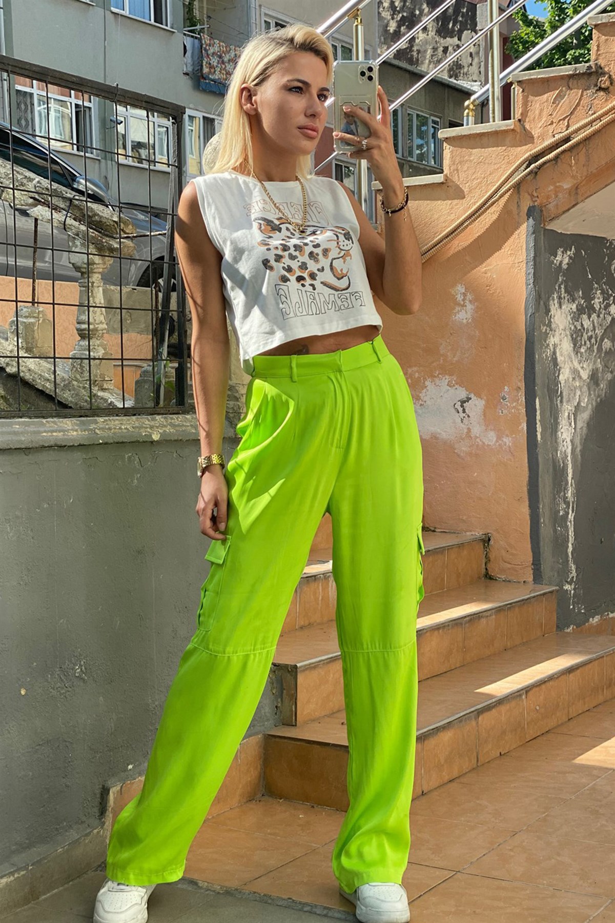 Neon Yeşil Saten Kargo PantolonPANTOLON