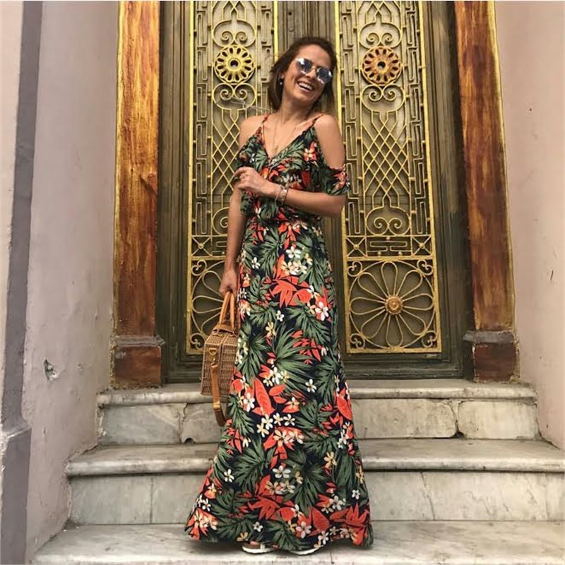 Omuz Dekolteli Çiçekli Maxi Elbise