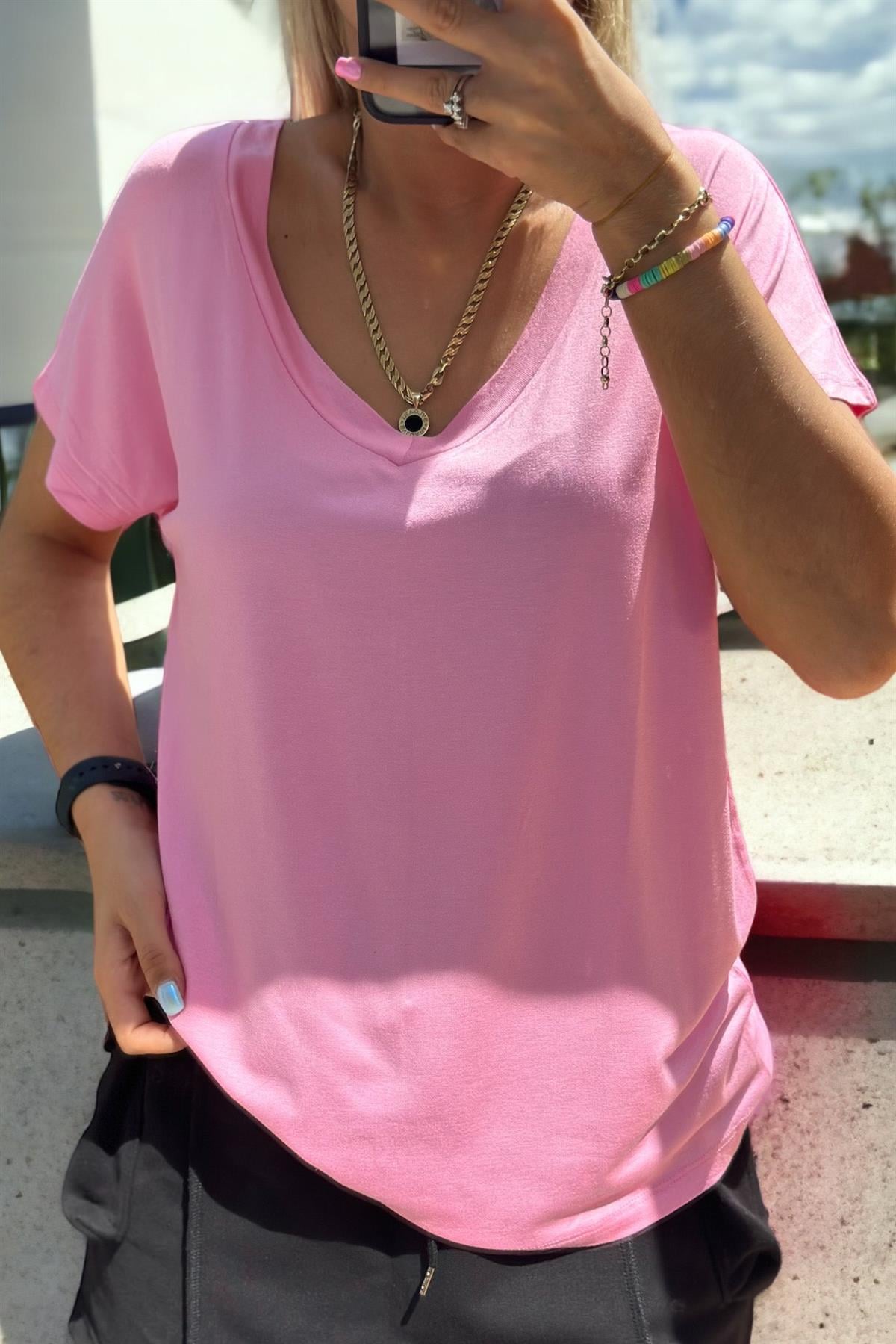 Önü Arkası V Pembe Basic TshirtTSHİRT