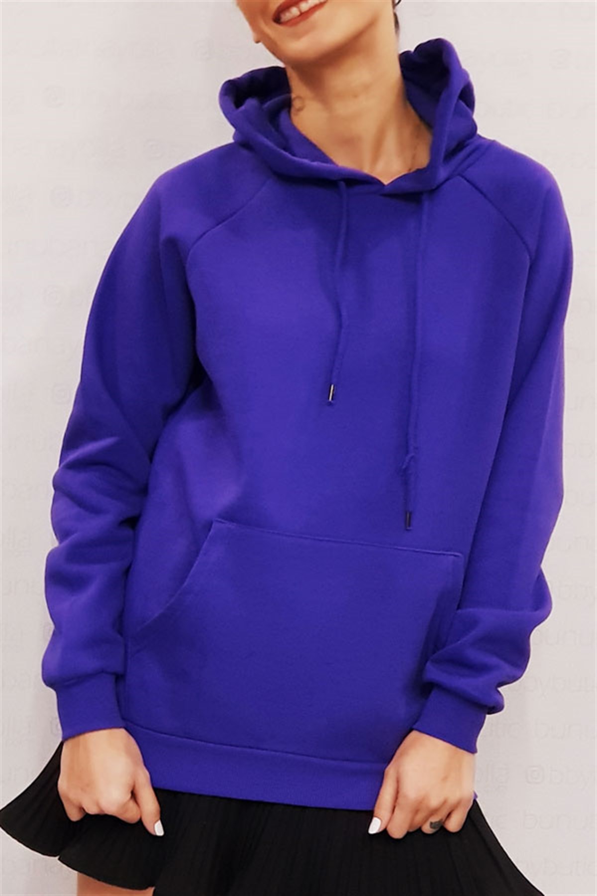 Önü Cepli Kapşonlu Sax Sweatshirt