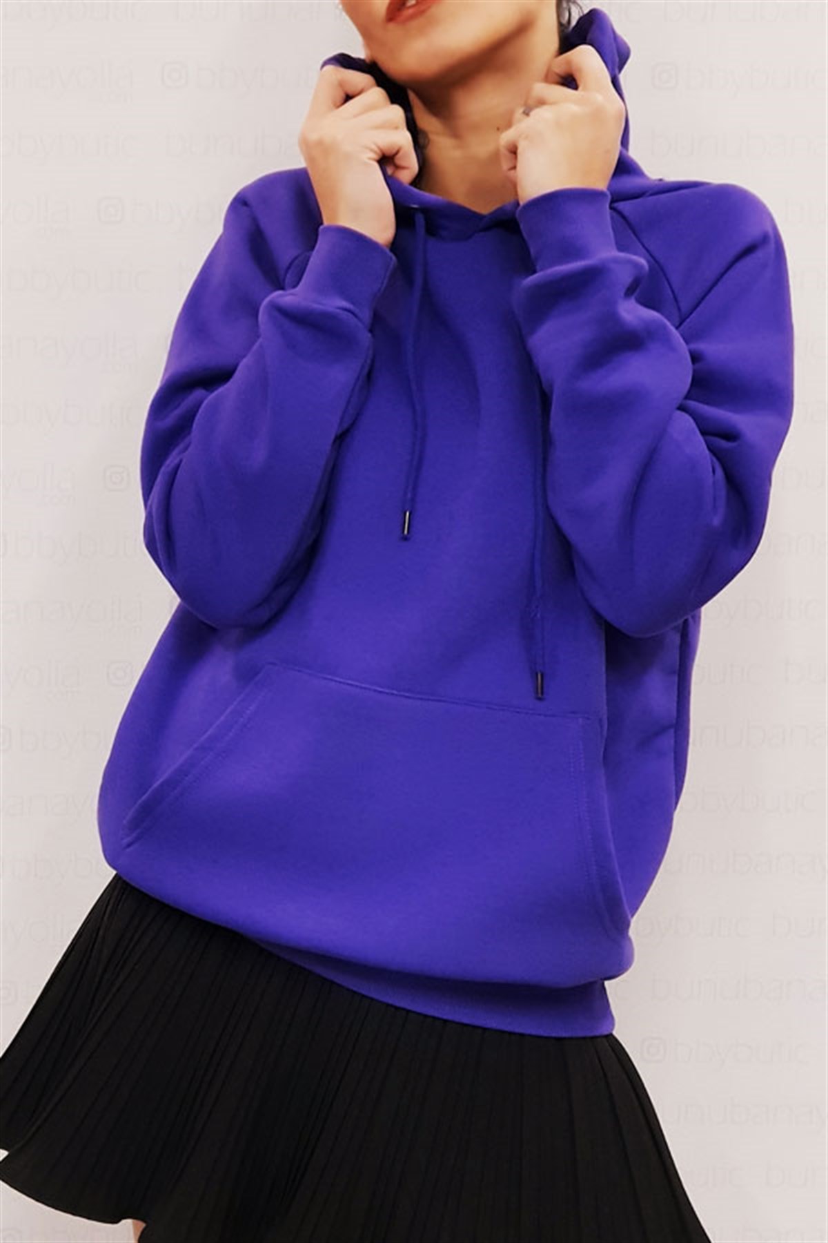 Önü Cepli Kapşonlu Sax Sweatshirt