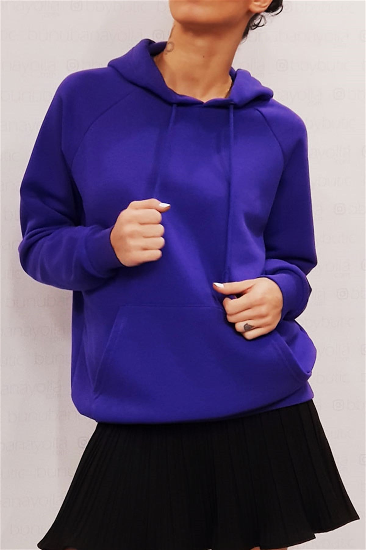 Önü Cepli Kapşonlu Sax Sweatshirt