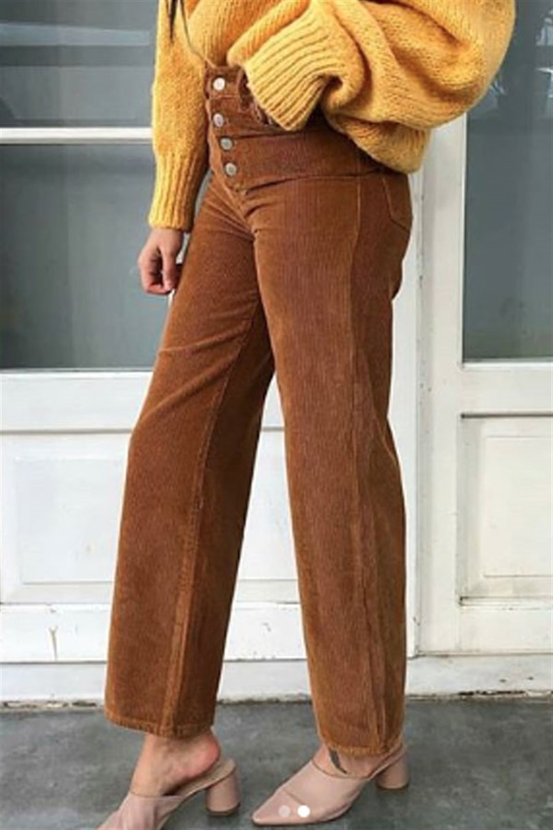 Önü Düğmeli Fitilli Kadife Pantalon