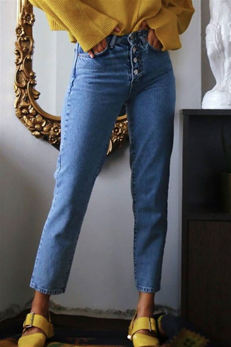 Önü Düğmeli Mom Jean