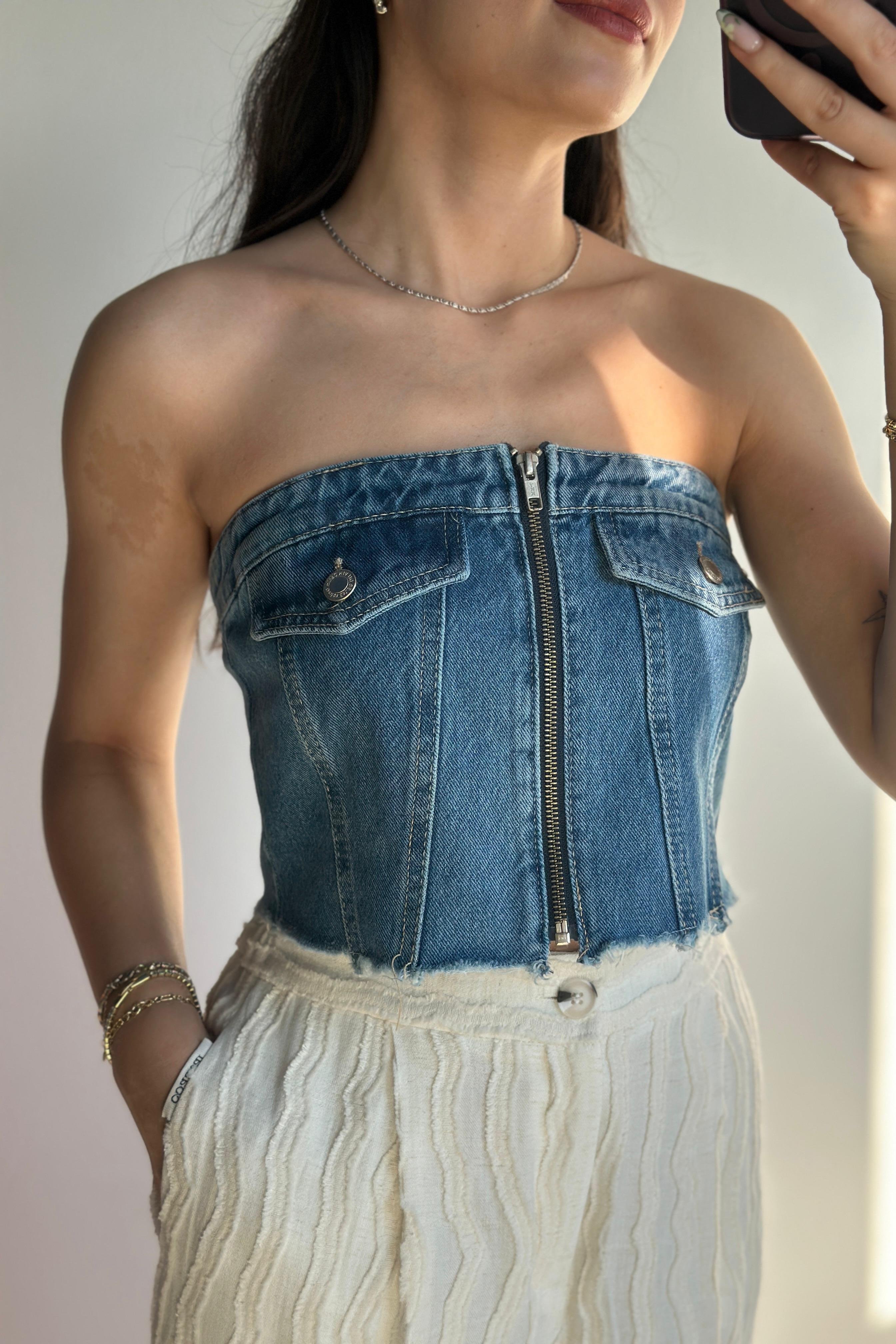 Önü Fermuarlı Koyu Mavi Straplez Denim CropCROP